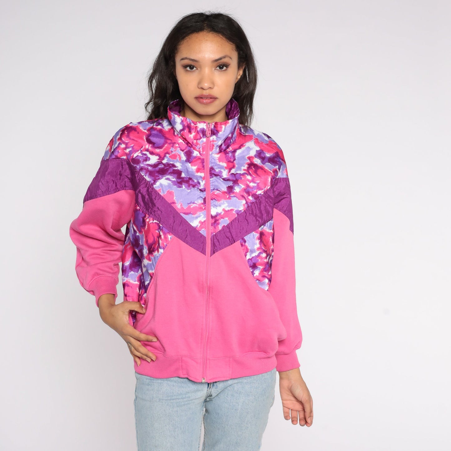 90s Pink Floral Color Block Zip Windbreaker Sweatshirt Medium M