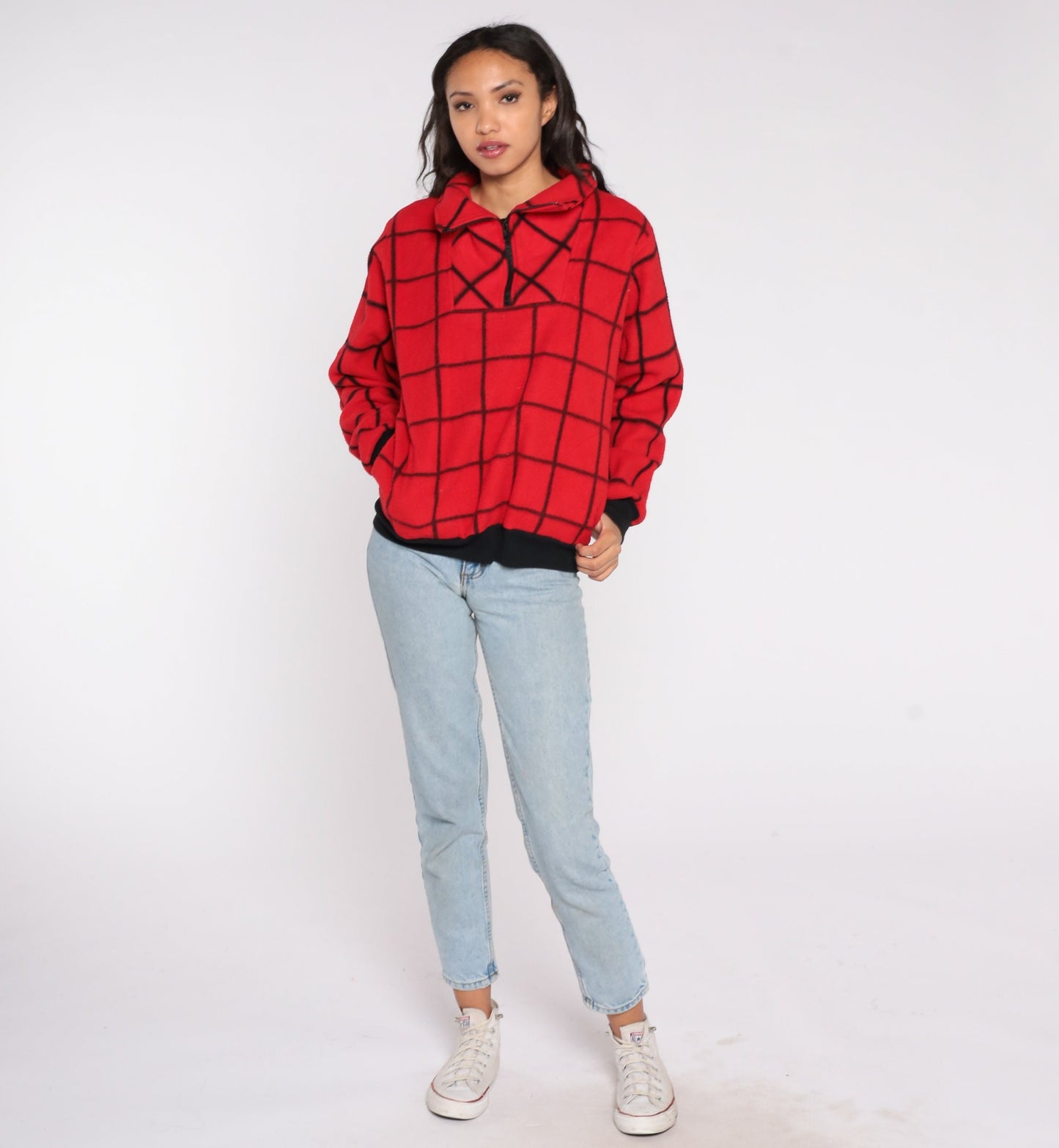 80s Le Tigre Red Checkered Fleece Quarter Zip Pullover Medium