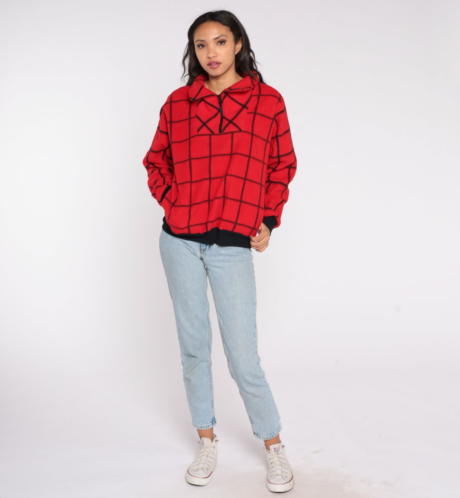 80s Le Tigre Red Checkered Fleece Quarter Zip Pullover Medium