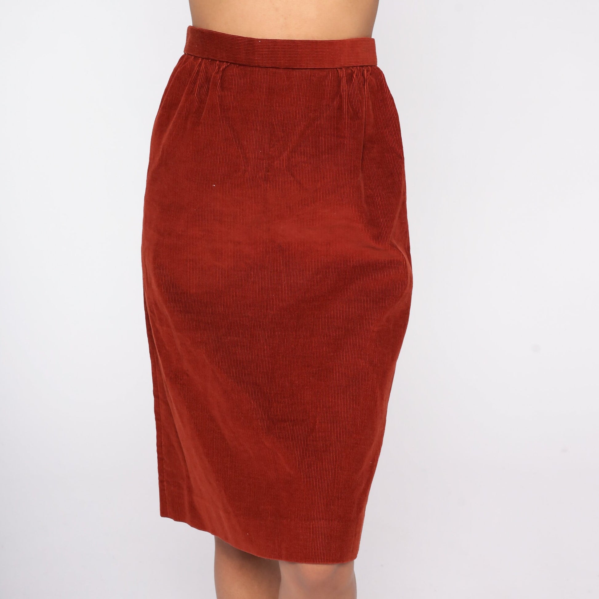 80s Rust Orange Corduroy Pencil Midi Skirt High Waist Small