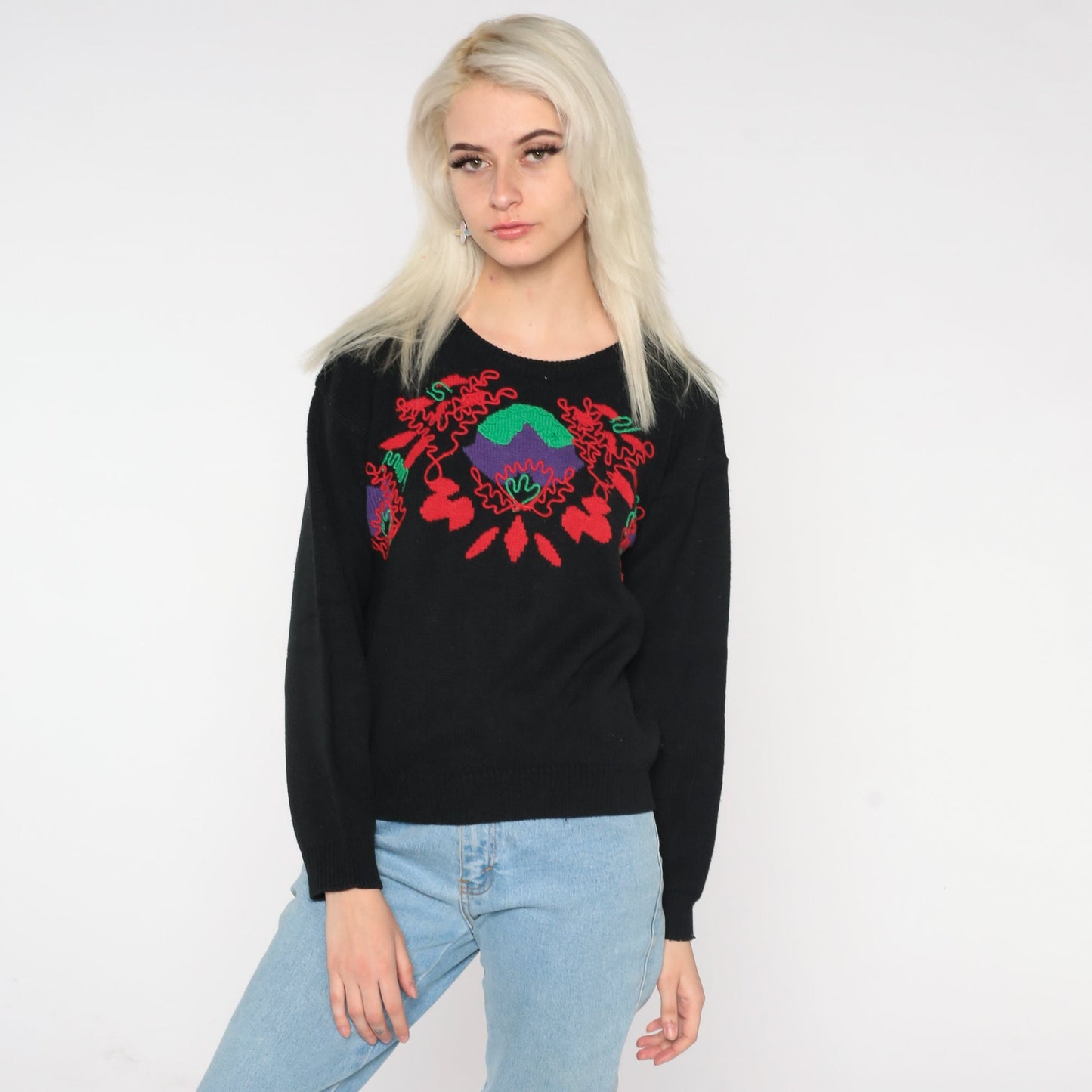 80s Black Floral Abstract Knit Sweater Pullover Medium M