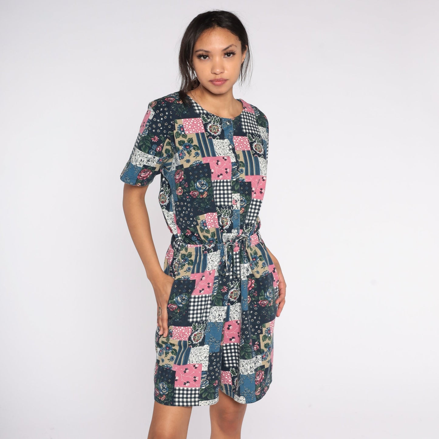 90s Patchwork Floral Wide-Leg Romper Cotton Button-Up Playsuit Medium