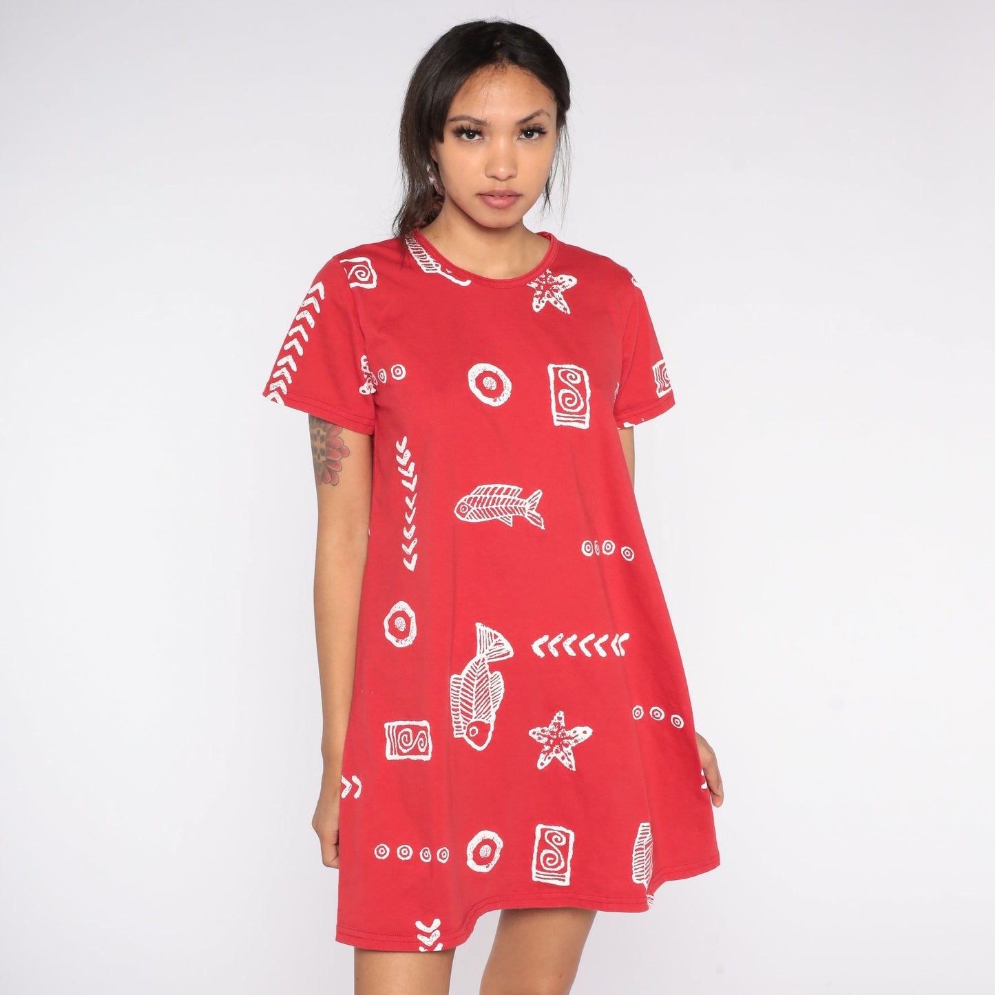 90s Fish Seashell Print Cotton Mini Dress Red Short Sleeve Small S