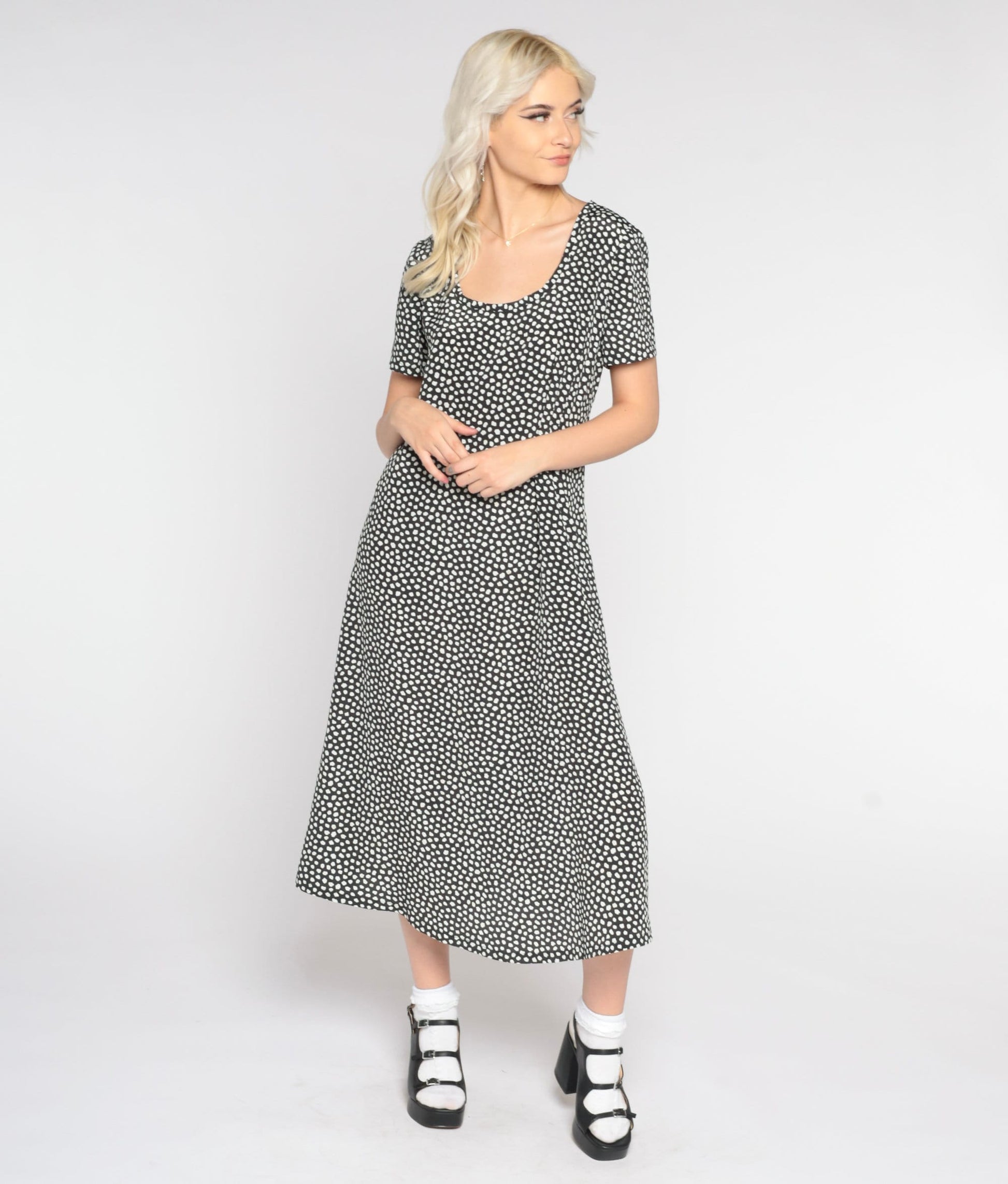 90s Black & White Polka Dot Midi Dress Short Sleeve Tie Back Small Medium