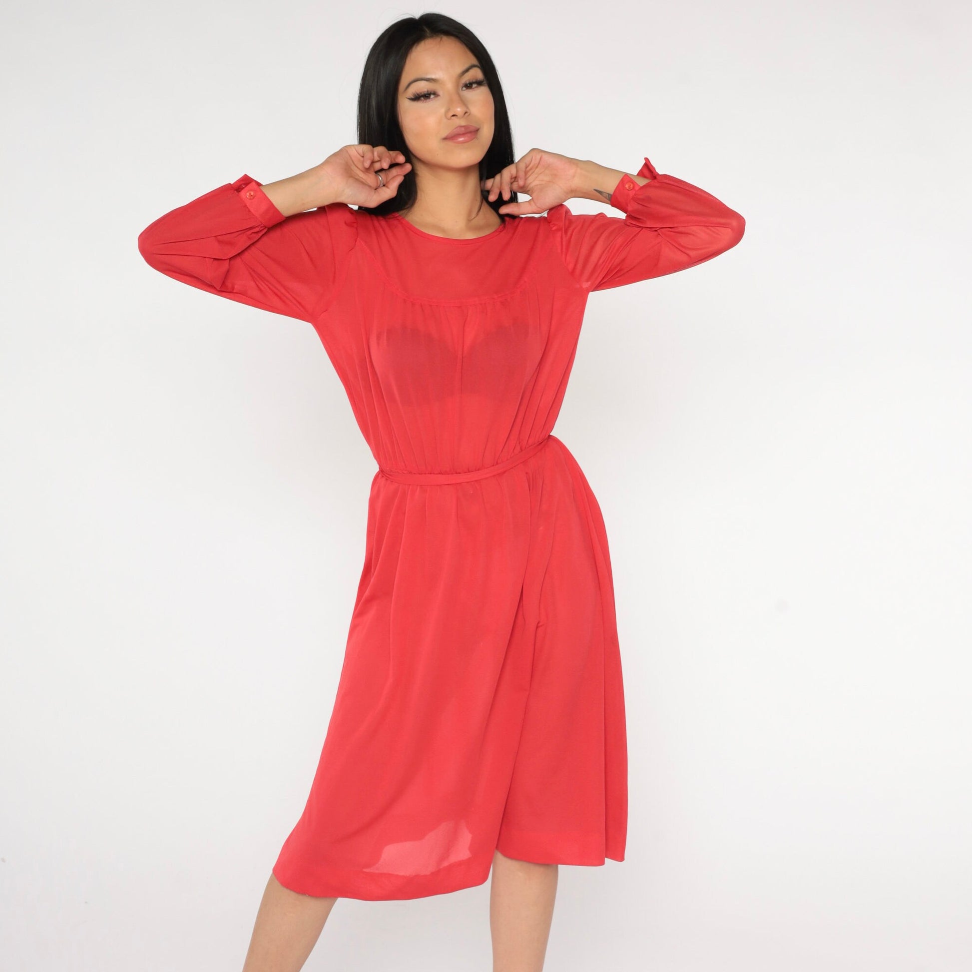 70s Red Sheer Midi Dress Puff Sleeve High Waist Long Sleeve Small Medium