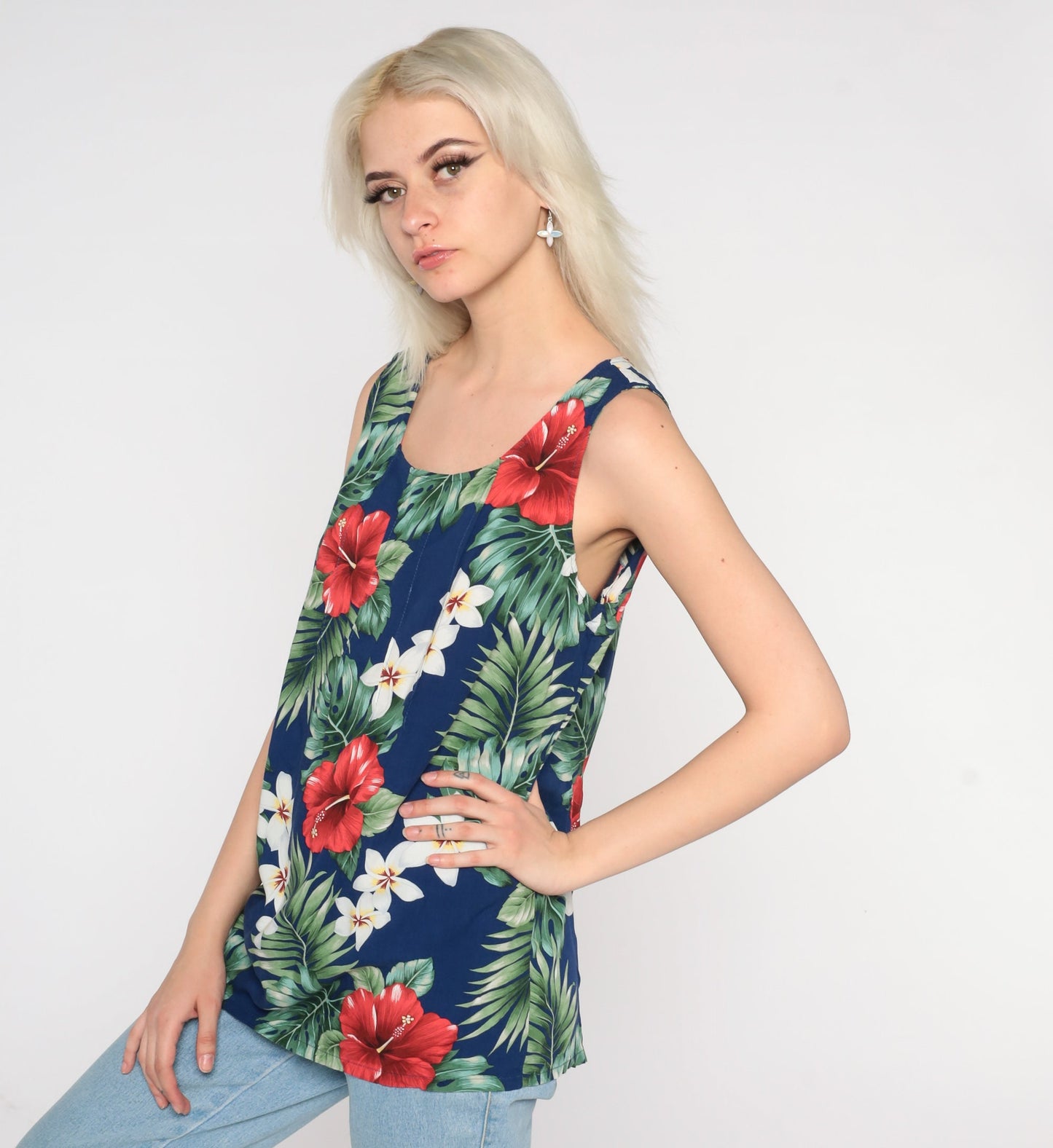 90s Tropical Floral Tank Top Blue Hibiscus Print Sleeveless Blouse Medium