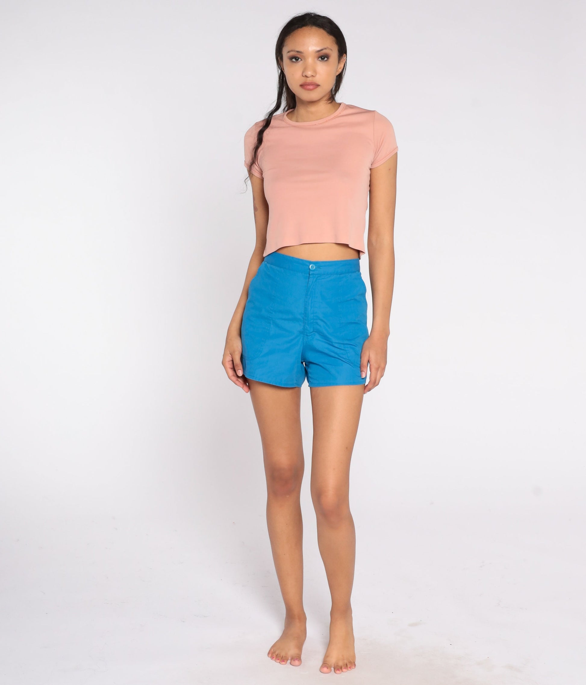 80s Blue High-Waisted Shorts Cotton Blend Trouser Pockets Medium