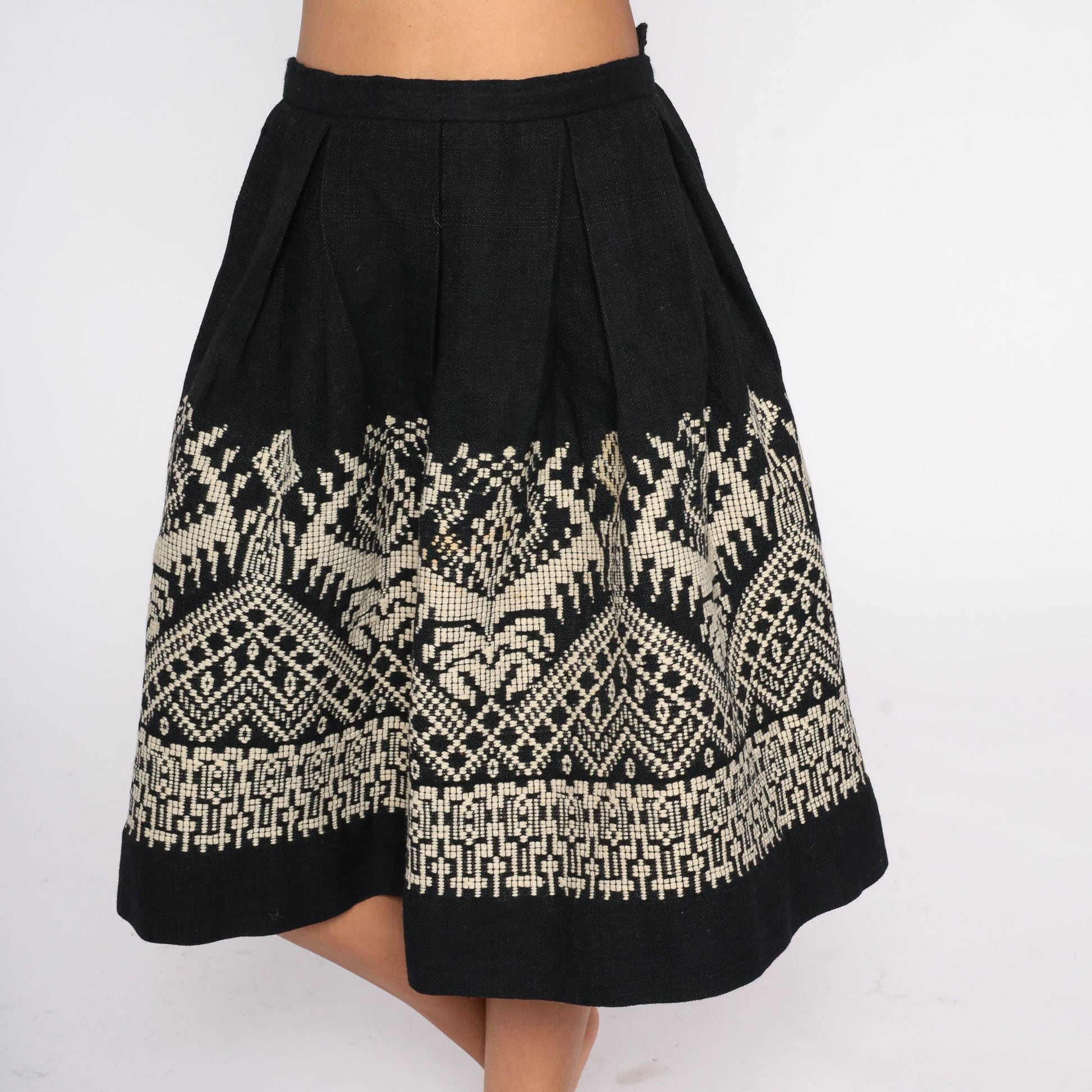60s Black Pleated Midi Skirt High Waist Geometric White Embroidery Wool Small