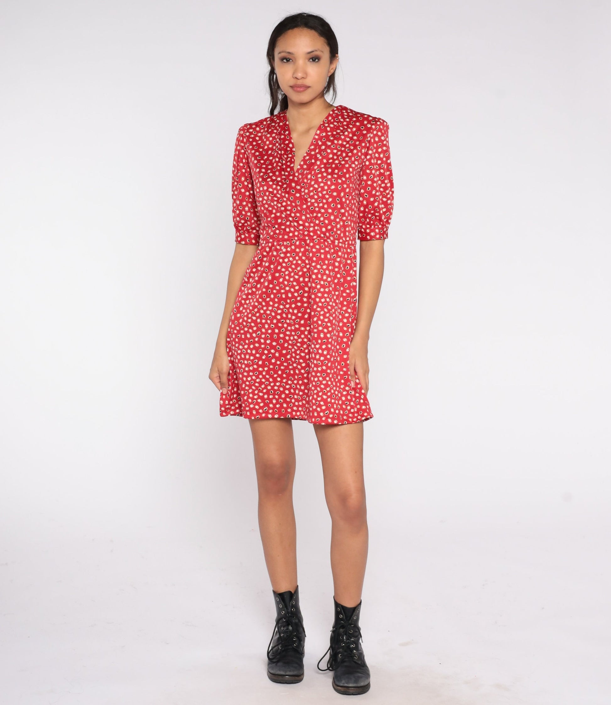 70s Red Dot Print Mini Dress High Waist V Neck