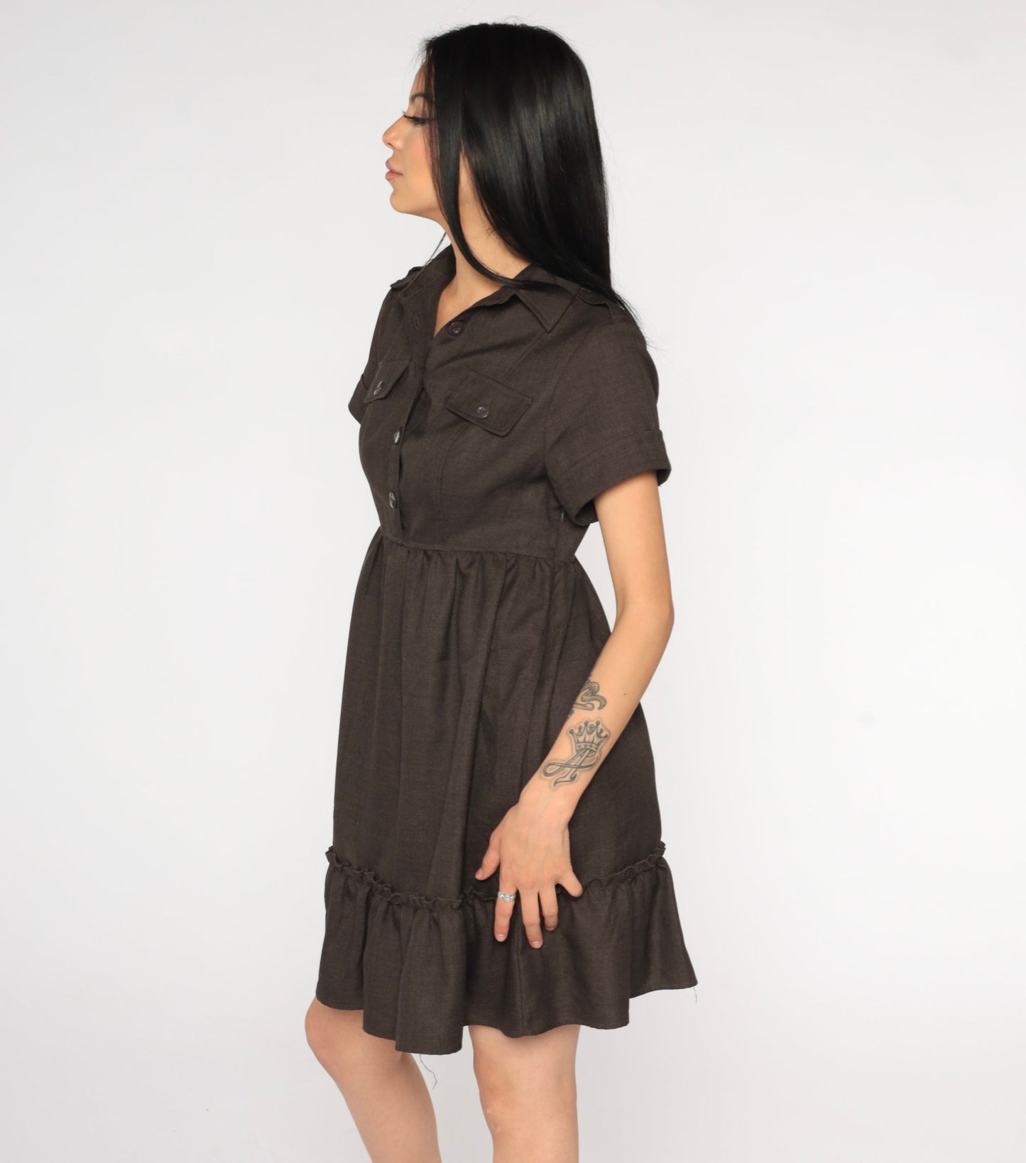Y2K Brown Babydoll Mini Dress Empire Waist Short Sleeve Button Up Extra Small