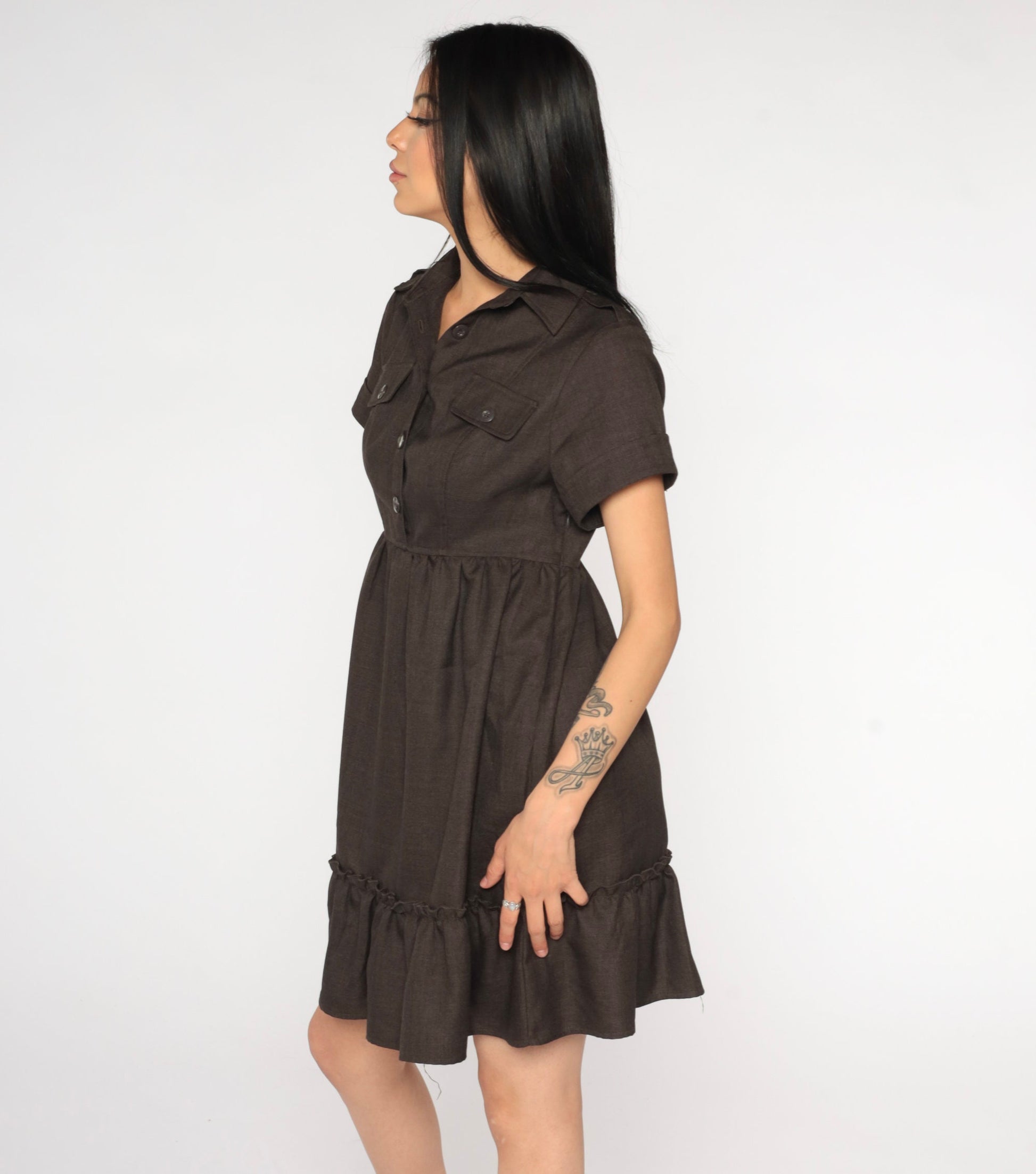 Y2K Brown Babydoll Mini Dress Empire Waist Short Sleeve Button Up Extra Small