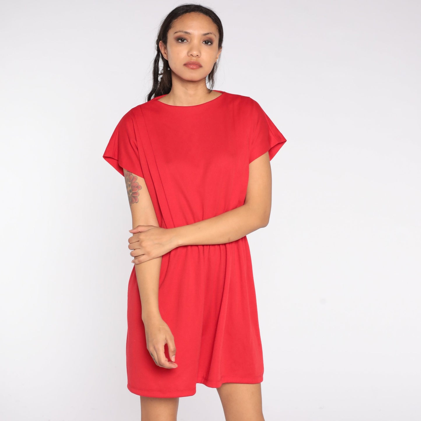 80s Red Shift Dress Mini High Waist Short Sleeve Zipper Back Medium
