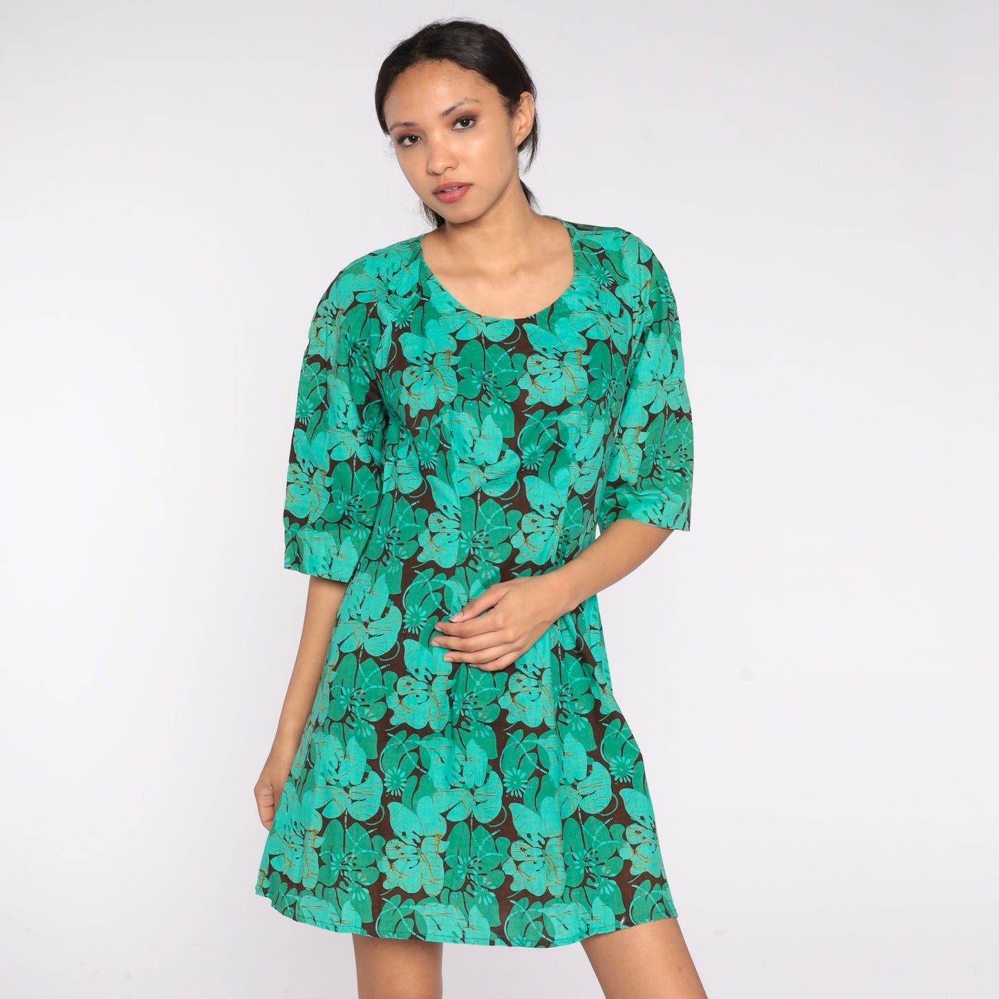 70s Hawaiian Floral Mini Dress Brown Green Hibiscus Print Small
