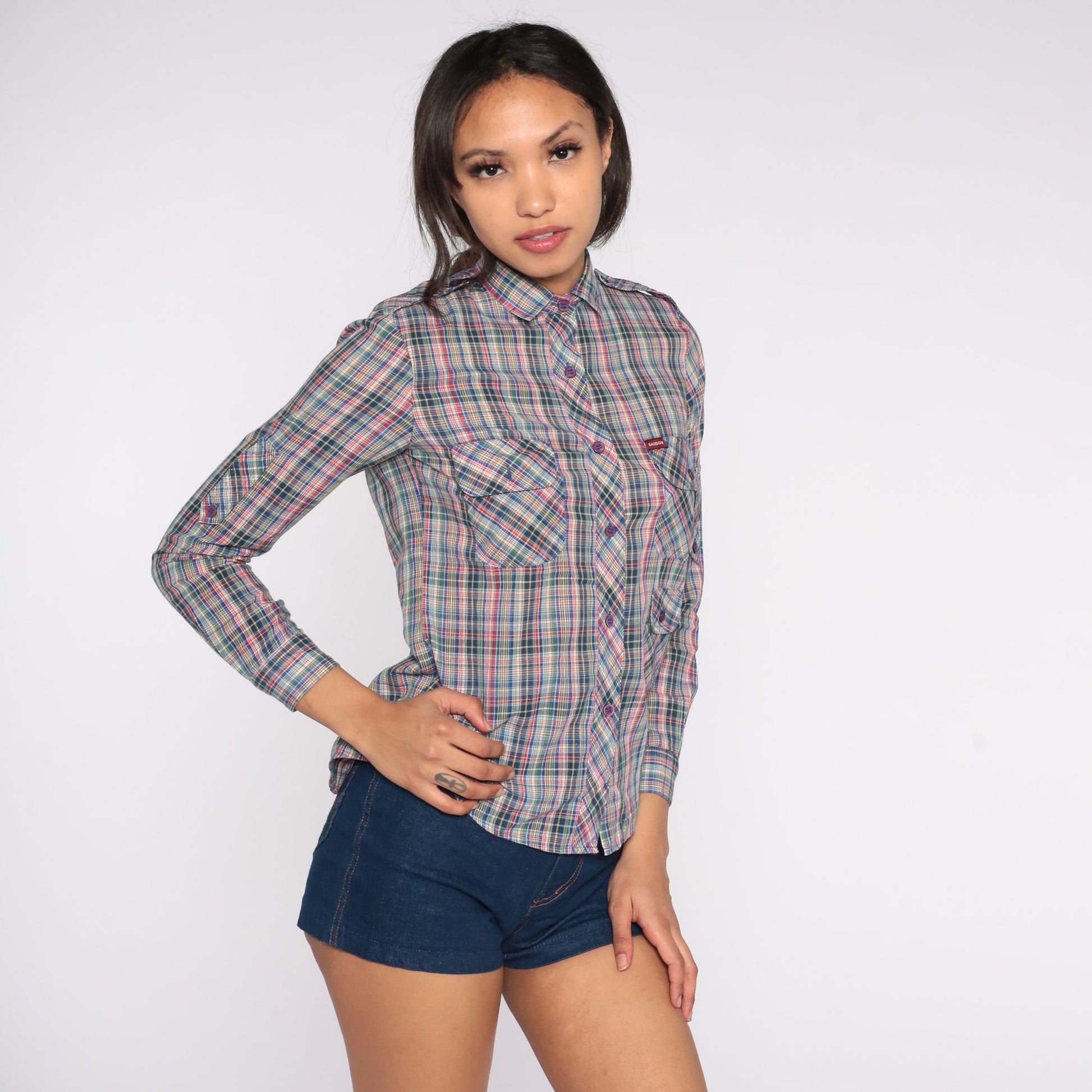 80s Sasson Plaid Button-Up Blouse Blue Red Green Epaulette Extra Small