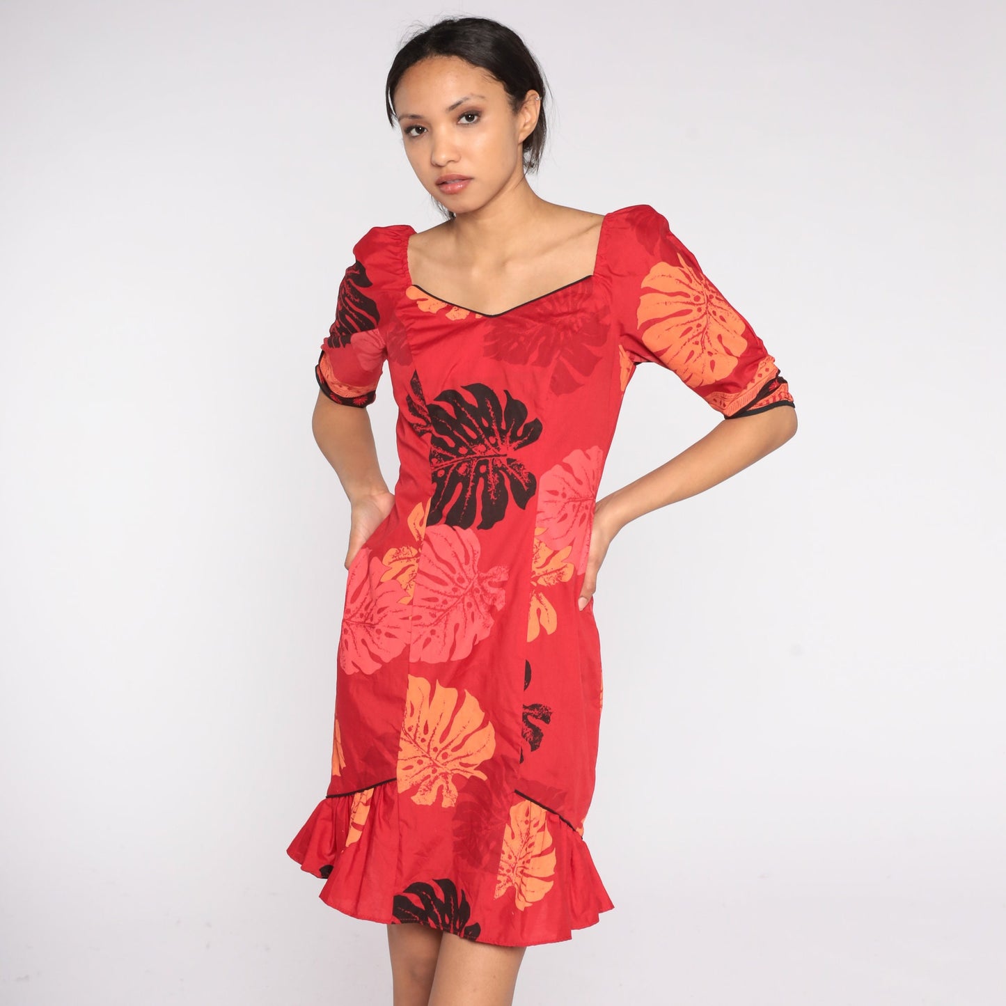 80s Hawaiian Red Tropical Leaf Mini Dress Ruffled Sheath Puff Sleeve Small