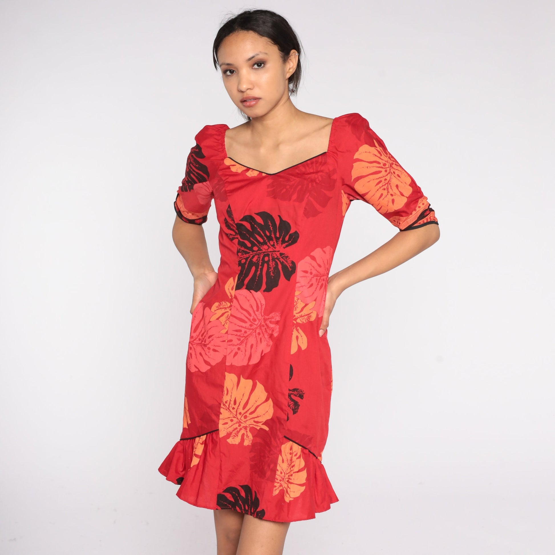 80s Hawaiian Red Tropical Leaf Mini Dress Ruffled Sheath Puff Sleeve Small