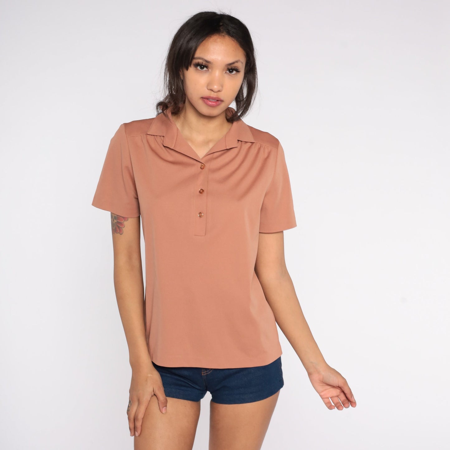 70s Terracotta Polo Blouse Collared Short Sleeve Shirt Medium