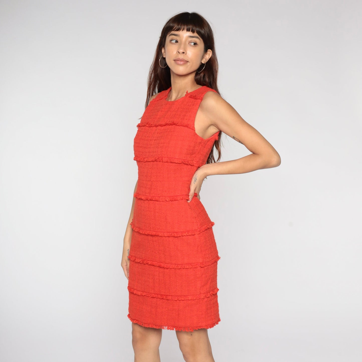 00s Orange Cotton Mini Dress Sleeveless Sheath Fringe Trim Small