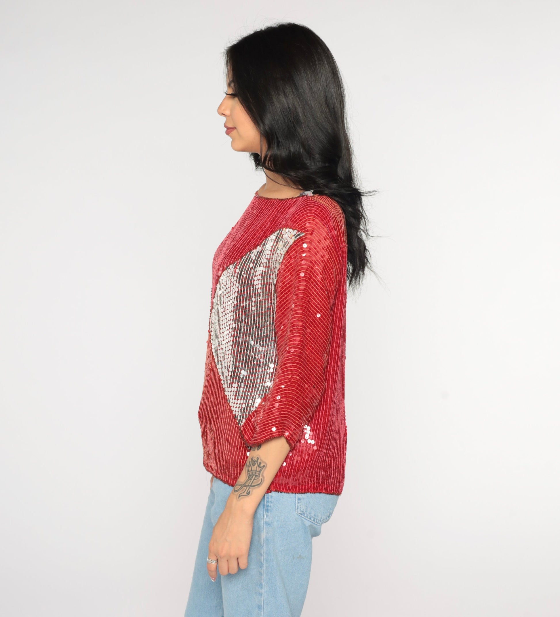 90s Silk Sequin Blouse Red Silver Metallic Color Block Small