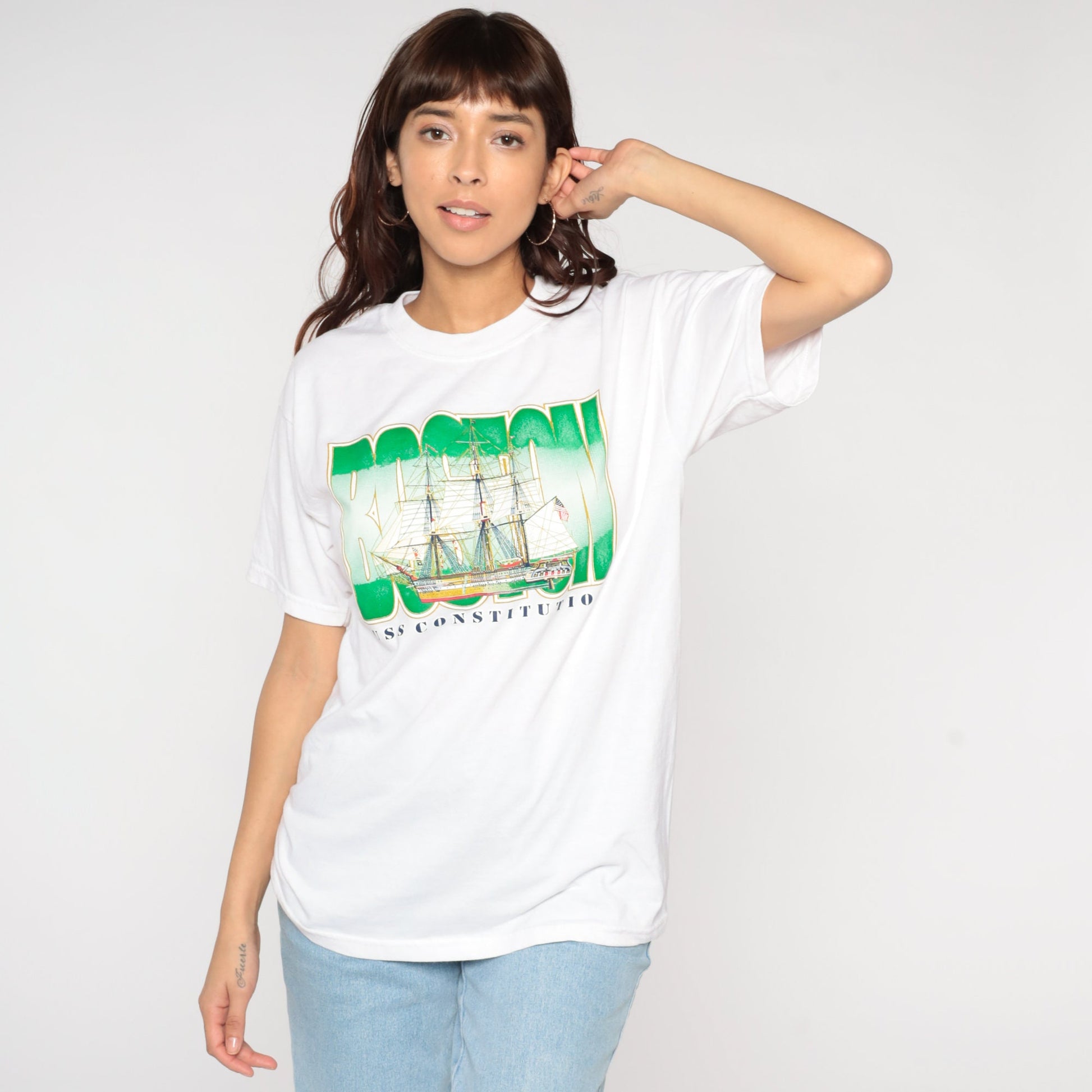 Y2K USS Constitution Boston Graphic T-Shirt Navy Medium