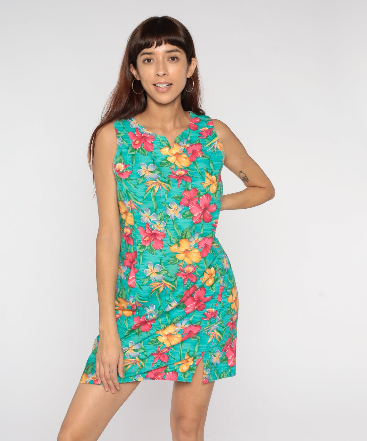 90s Floral Sheath Sundress Turquoise Mini Sleeveless Small Medium