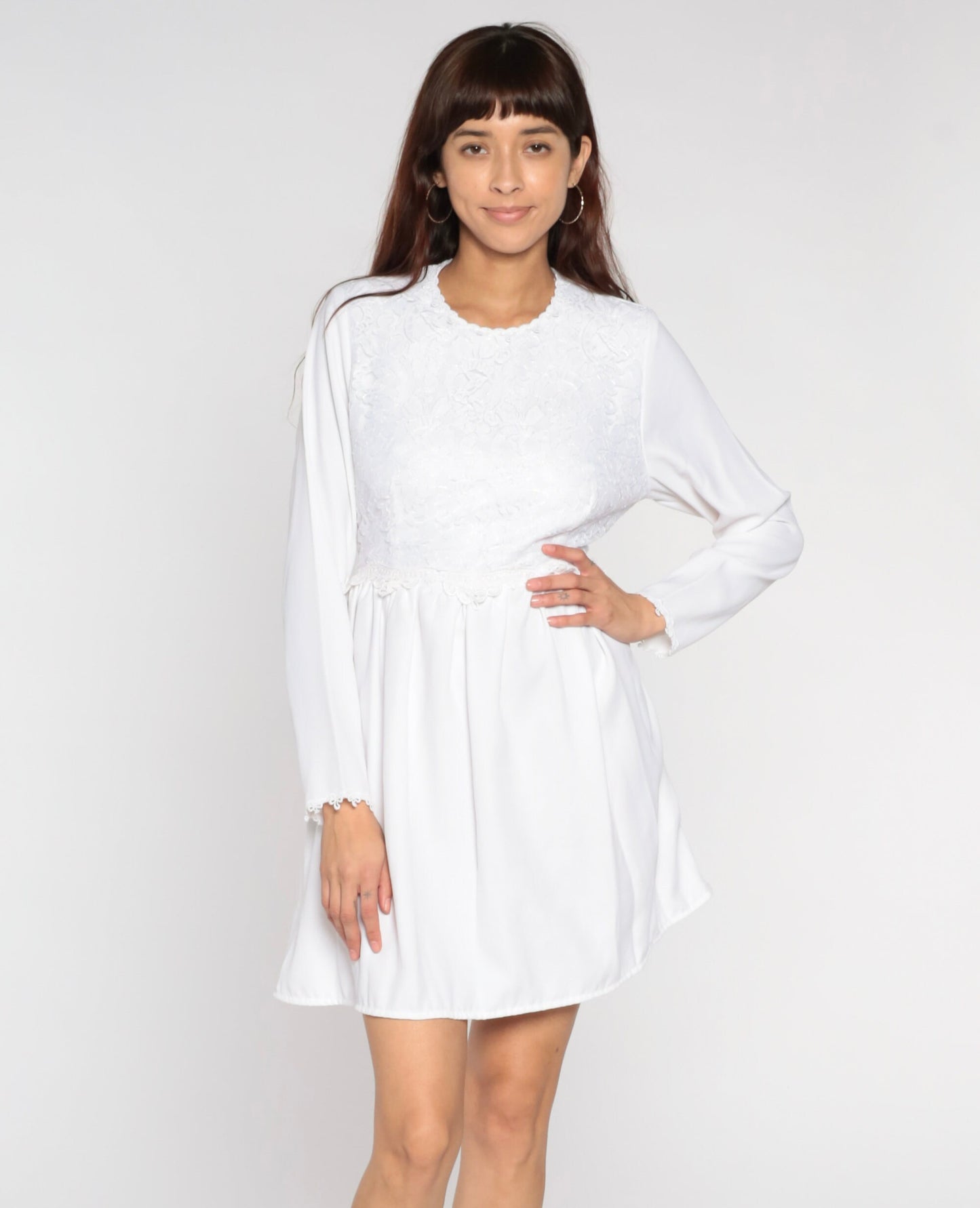 90s White Lace Mini Dress High Waist Long Sleeve Party Small