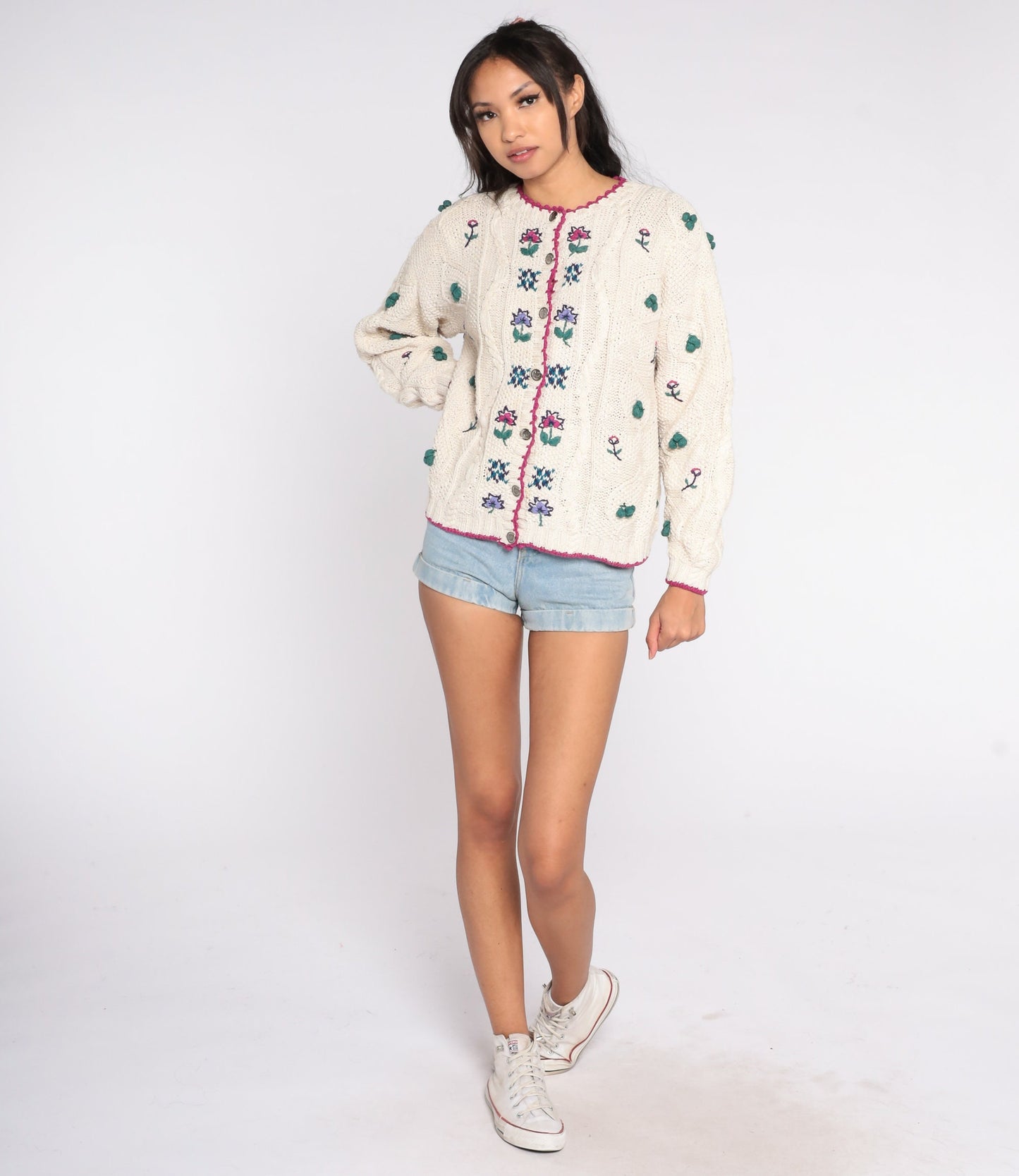 90s Cream Cable Knit Floral Cardigan Button Up Sweater Extra Large XXL