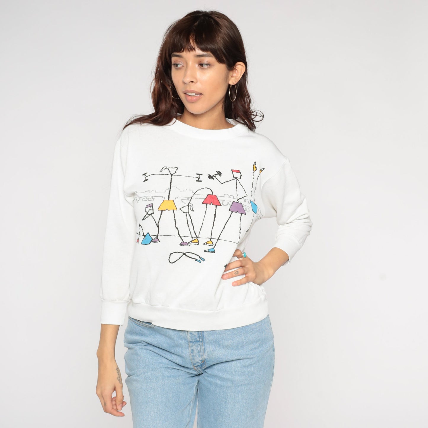 80s Workout Graphic Sweatshirt Stick Figure Fitness White Crewneck Medium