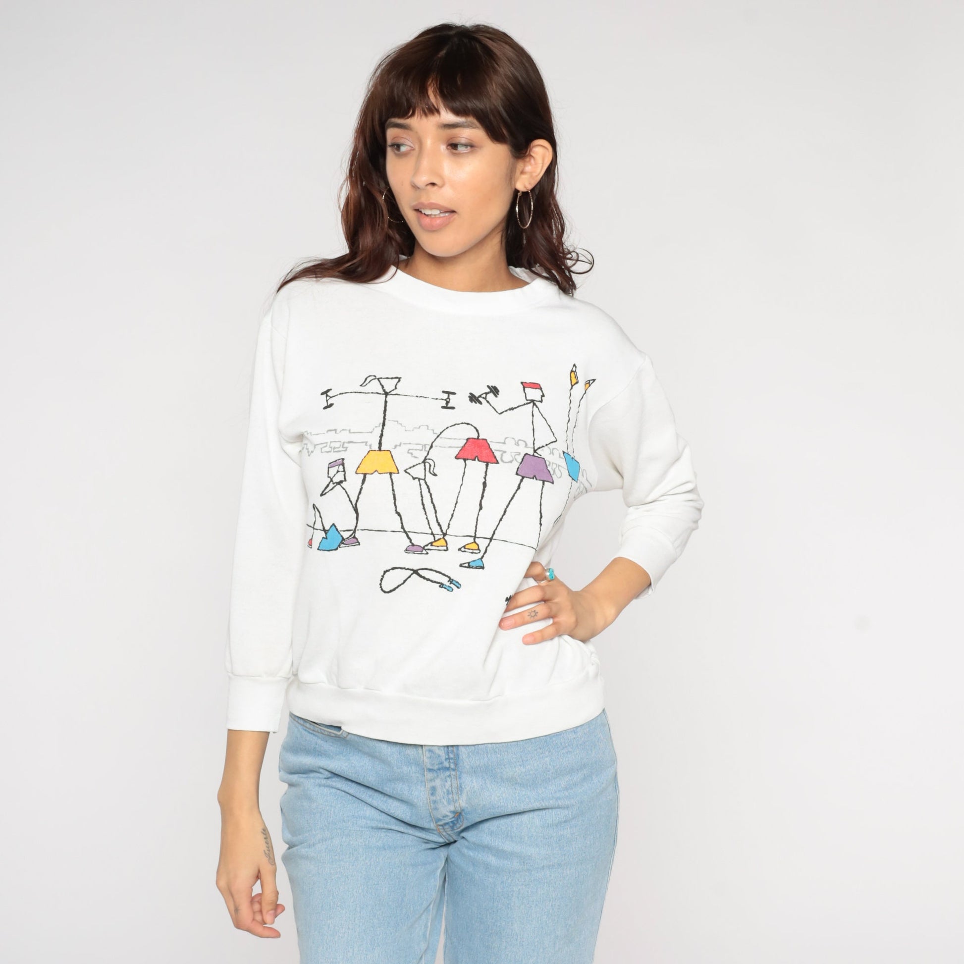80s Workout Graphic Sweatshirt Stick Figure Fitness White Crewneck Medium