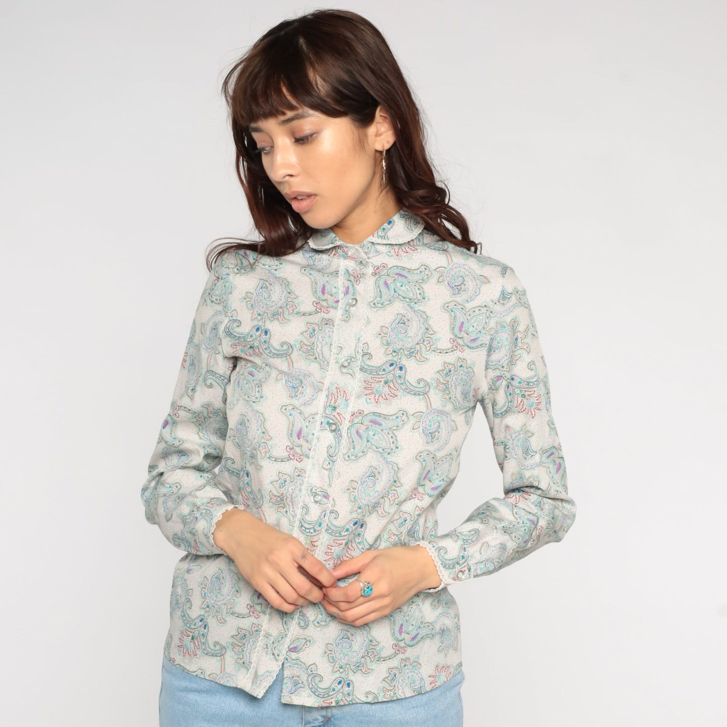 80s Paisley Blouse Peter Pan Collar Button-Up Long Sleeve Off-White Small S