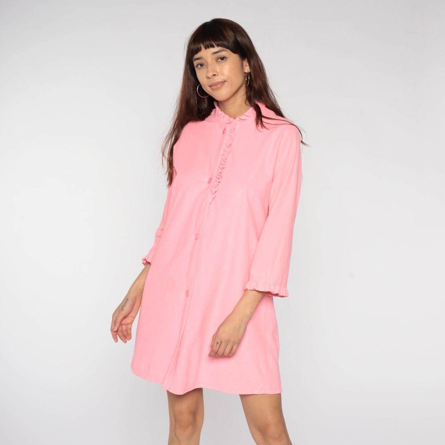 70s Pink Fleece Lounge Dress Mini Button-Up Long Sleeve Medium Large