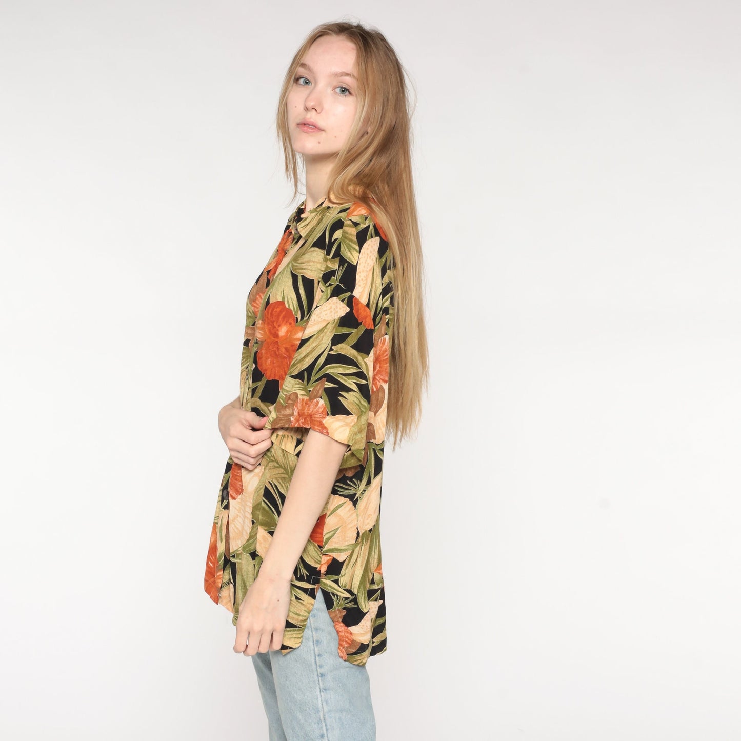 90s Tropical Floral Seashell Button-Up Shirt Orange Green Rayon Medium