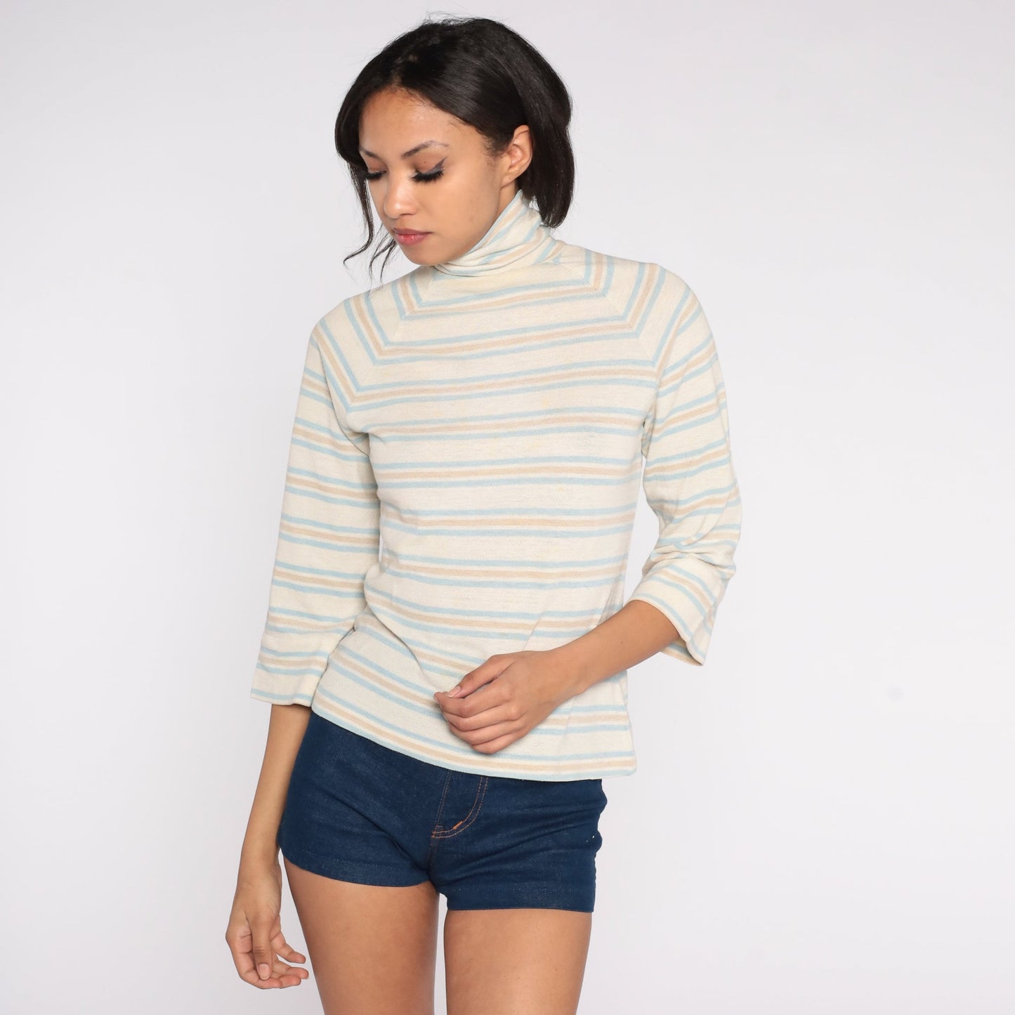 70s Striped Turtleneck Raglan Sleeve Shirt Off-White Blue Small
