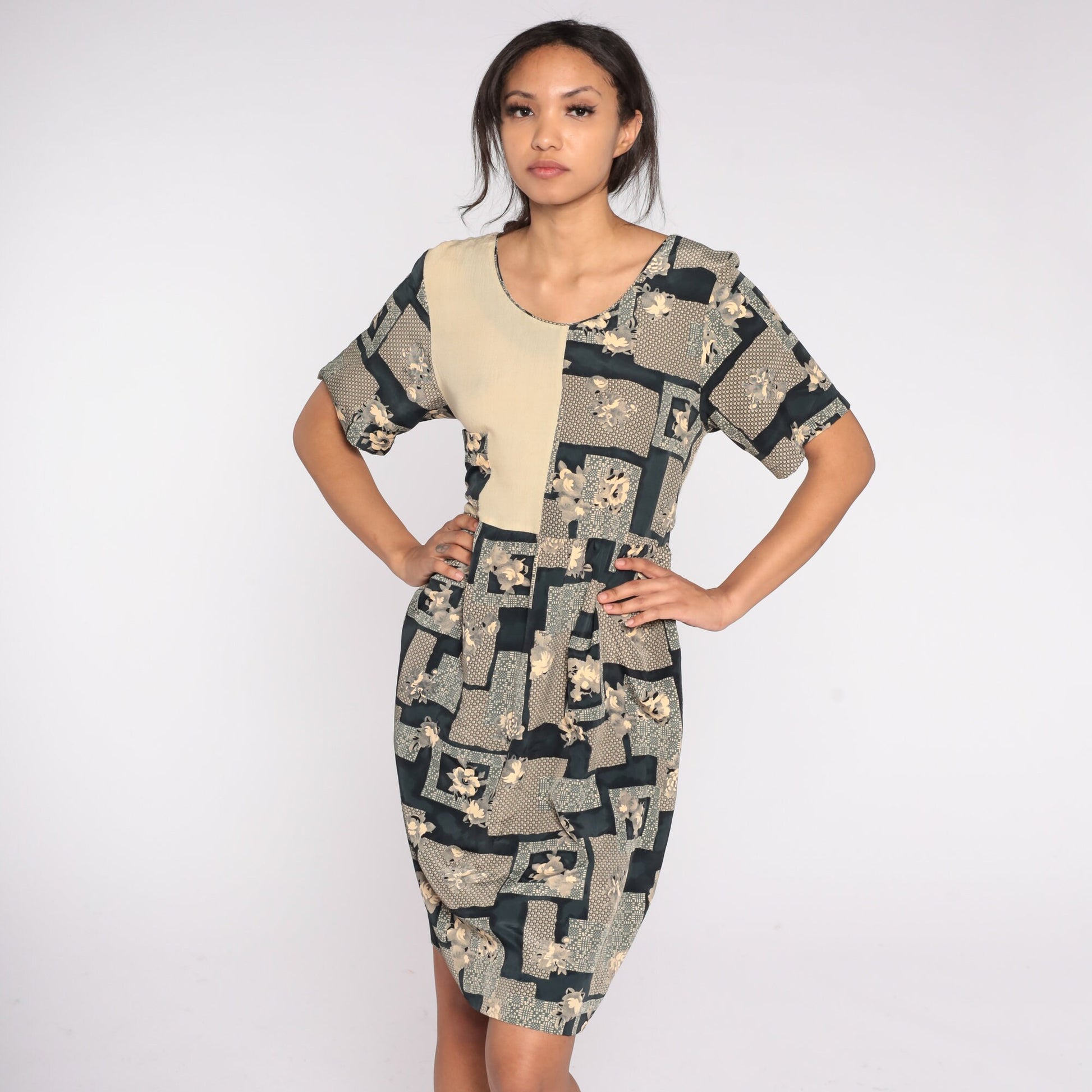 90s Geometric Floral Midi Dress High Waist Short Sleeve Taupe Medium