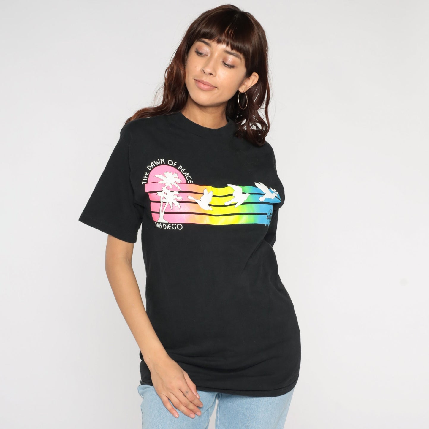 90s San Diego Dawn of Peace Graphic T-Shirt Neon Stripes Cotton Medium
