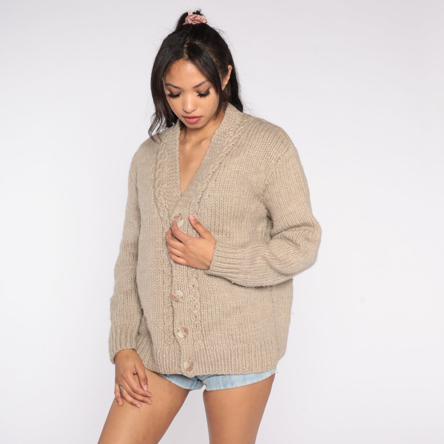60s Taupe Wool Cardigan Button-Up Knit Sweater Large L