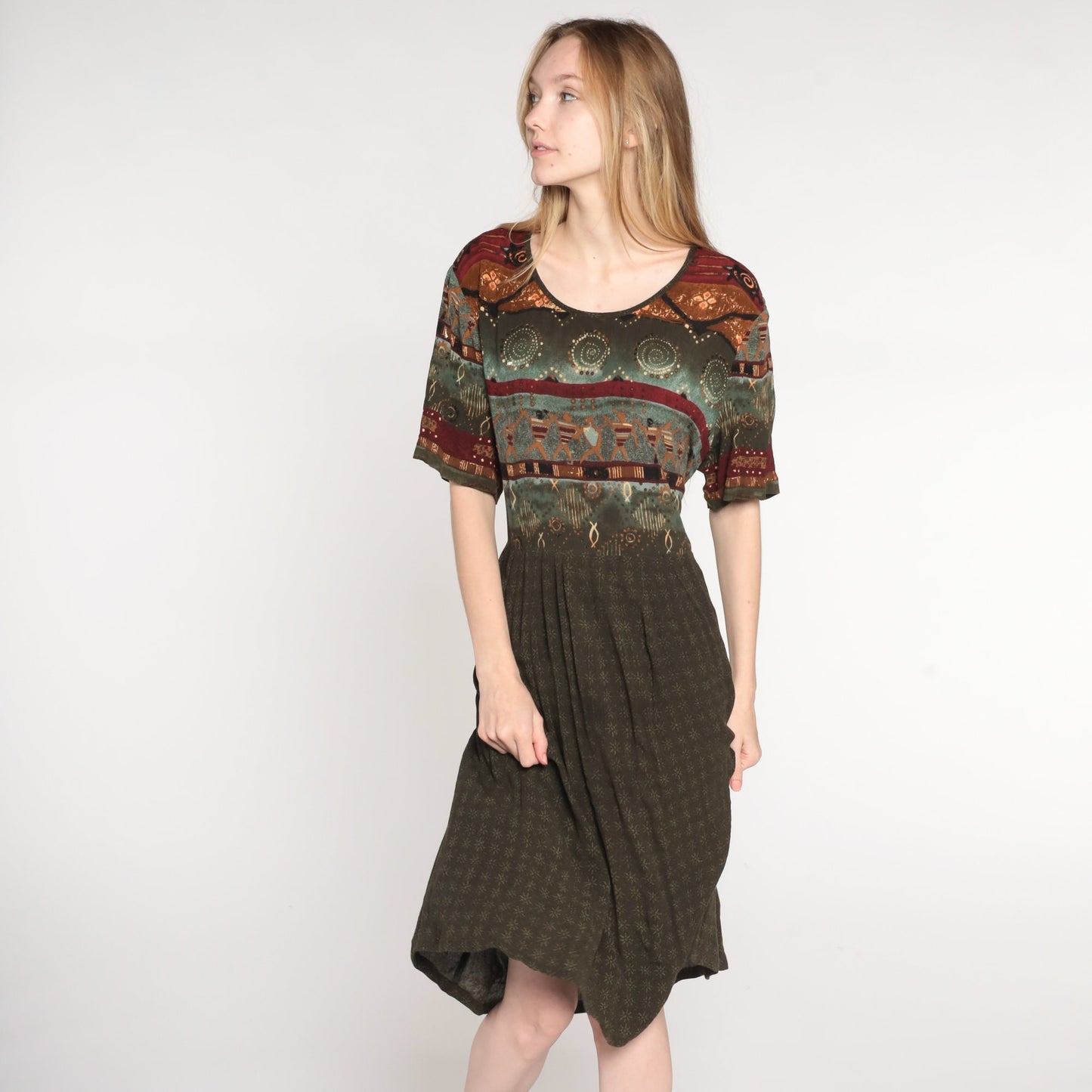90s Brown Geometric Print Midi Dress High Waist Short Sleeve Plus Size 16W