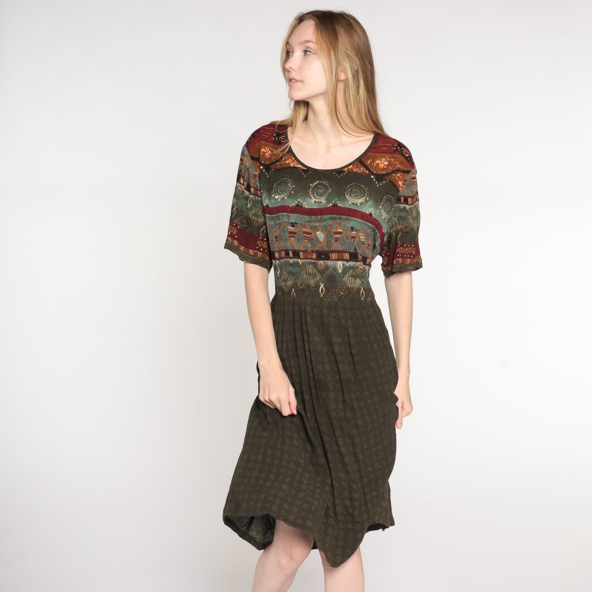 90s Brown Geometric Print Midi Dress High Waist Short Sleeve Plus Size 16W