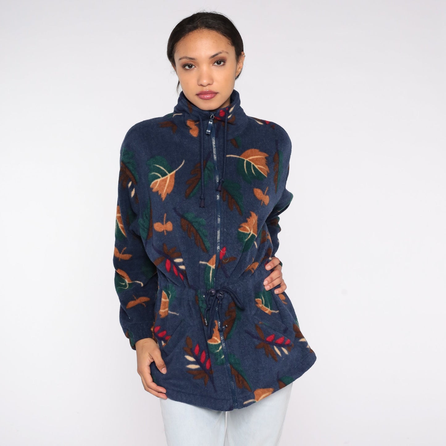 90s Navy Leaf Print Fleece Jacket Zip Up Windbreaker Medium