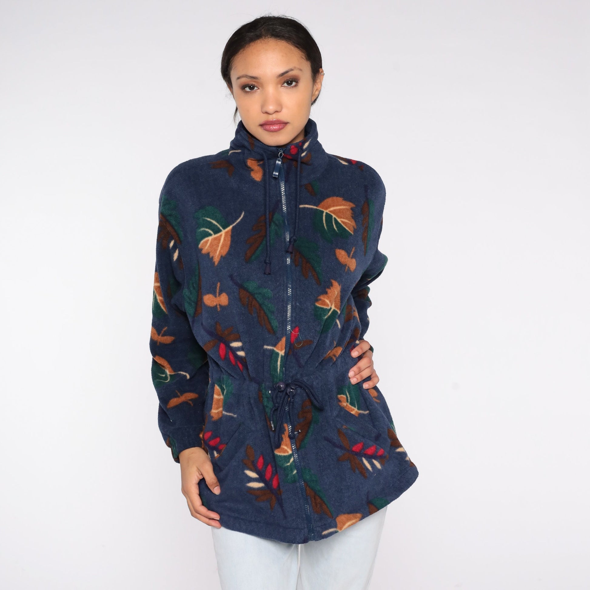 90s Navy Leaf Print Fleece Jacket Zip Up Windbreaker Medium