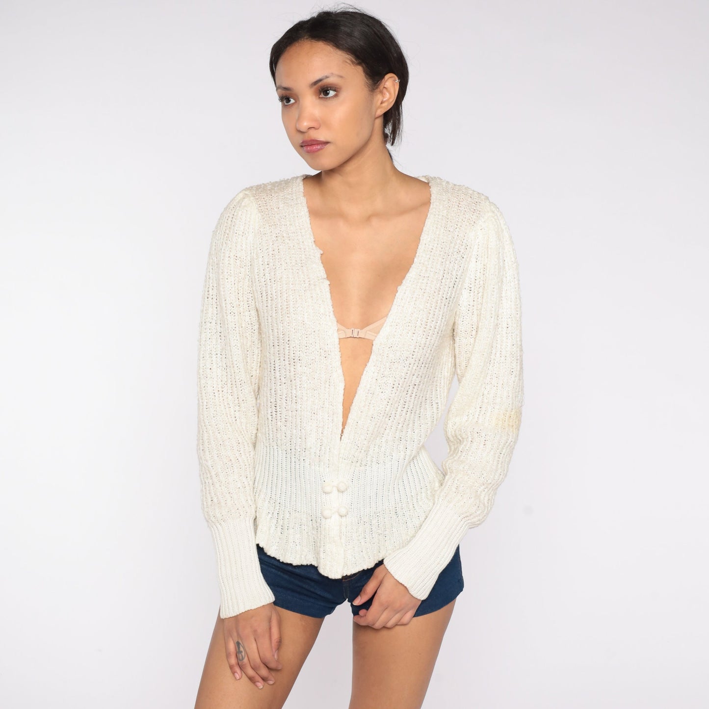 80s Off-White Deep V-Neck Cardigan Double Breasted Knit Sweater Medium M