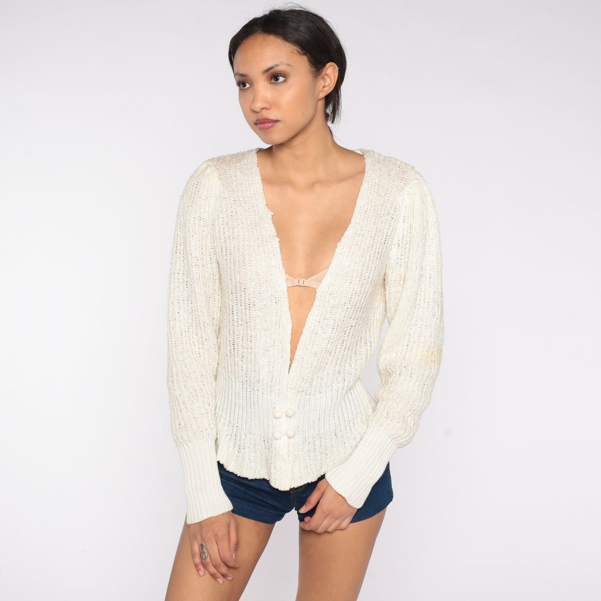 80s Off-White Deep V-Neck Cardigan Double Breasted Knit Sweater Medium M