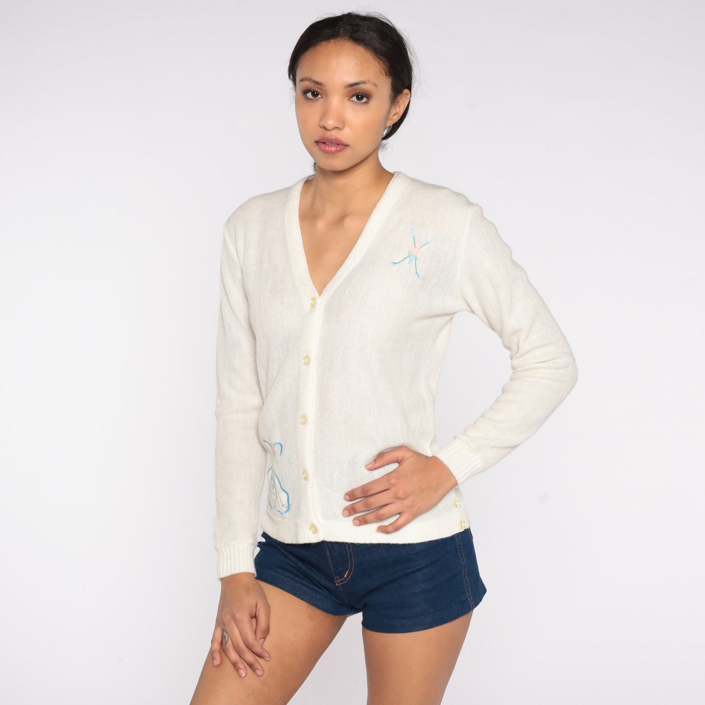 70s Golf Embroidered Cardigan Cream Knit Button-Up Sweater Extra Small