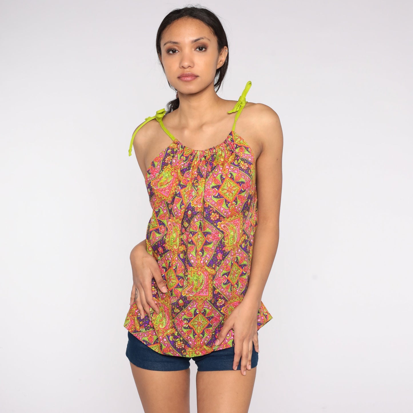 70s Psychedelic Paisley Tank Top Spaghetti Strap Geometric Print Small