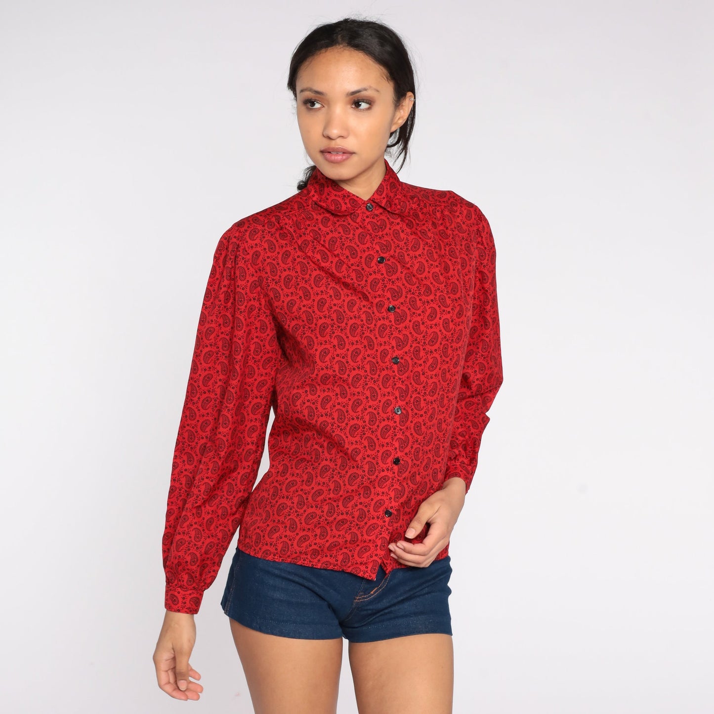 80s Red Paisley Peter Pan Collar Button-Up Blouse Puff Sleeve Medium