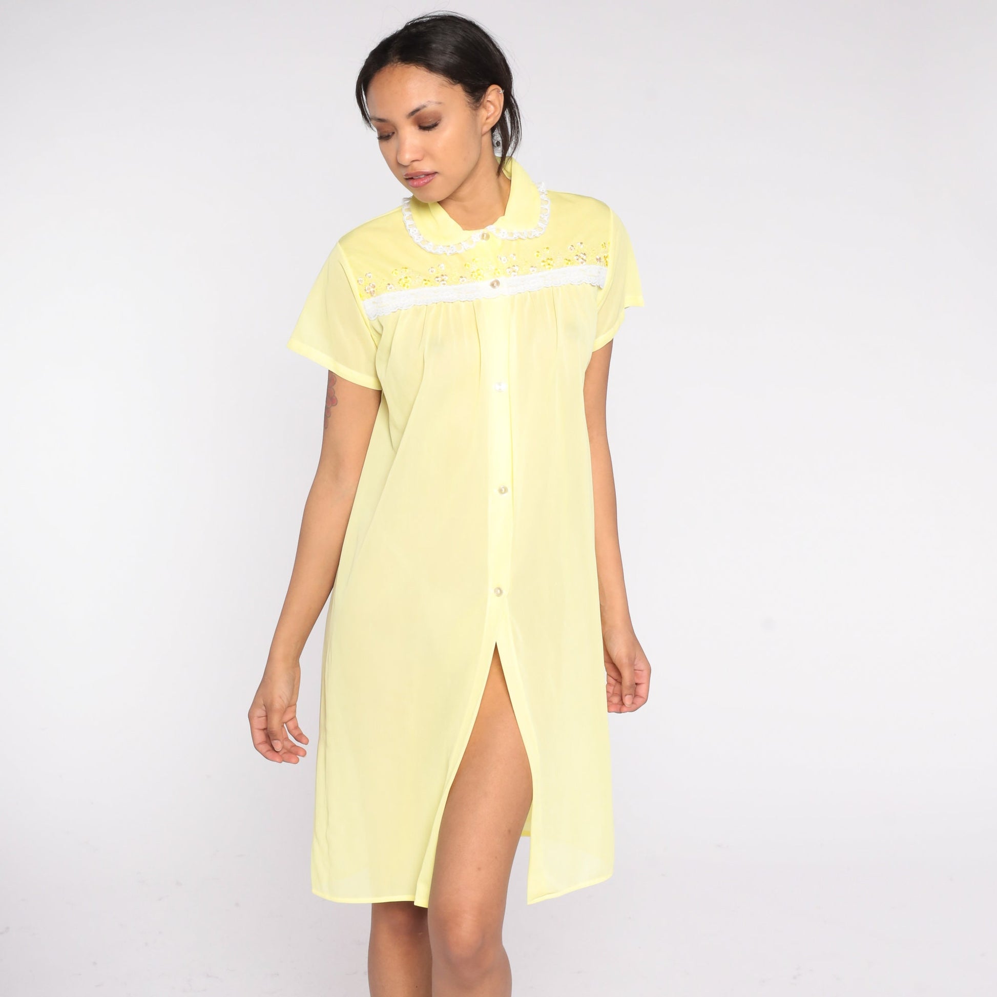 70s Yellow Semi Sheer Lounge Dress Floral Embroidery Mini Short Sleeve Medium