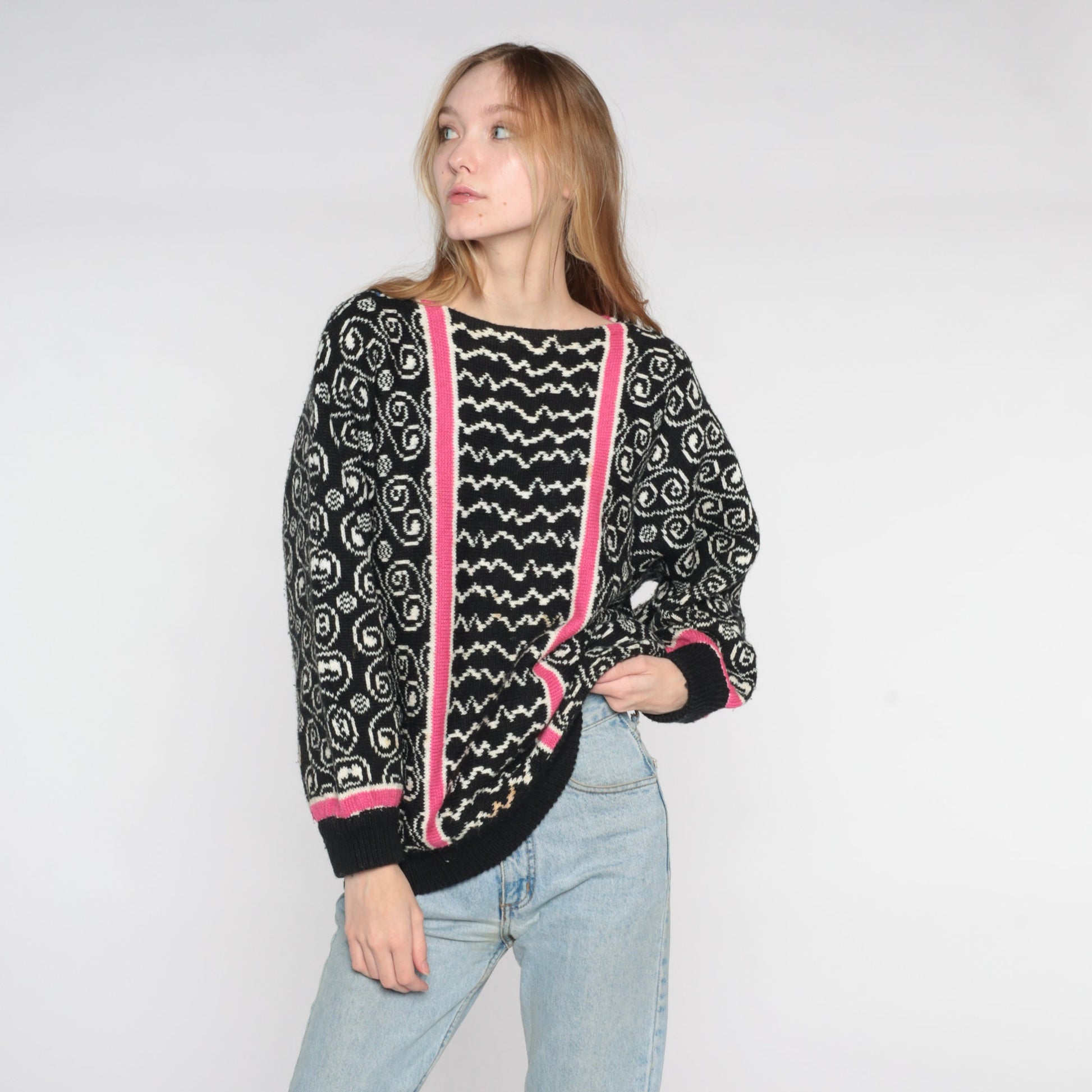 80s Black Swirl Stripe Knit Sweater Pink White Abstract Pullover Small