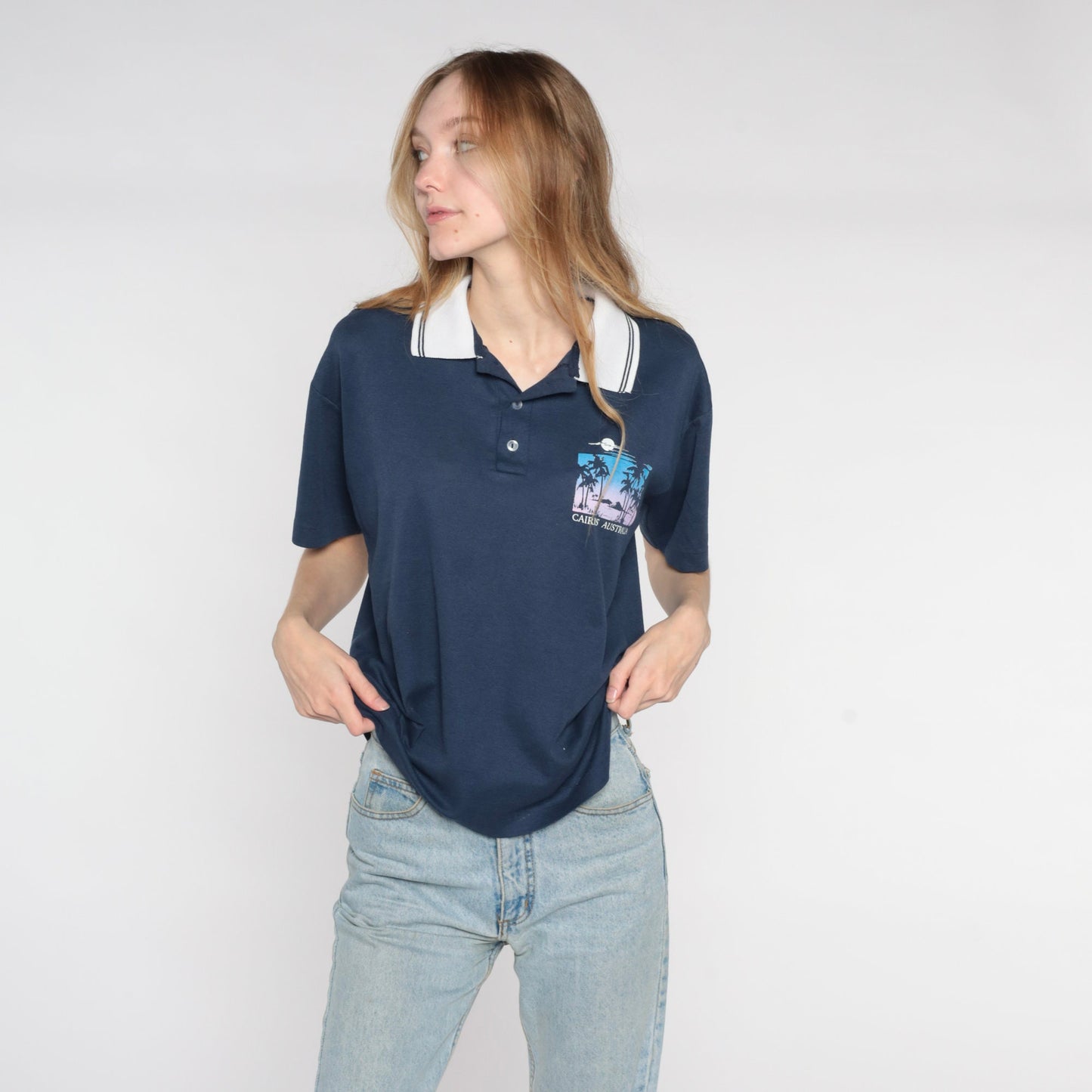 80s Cairns Australia Polo Shirt Navy Blue Graphic Mens Small