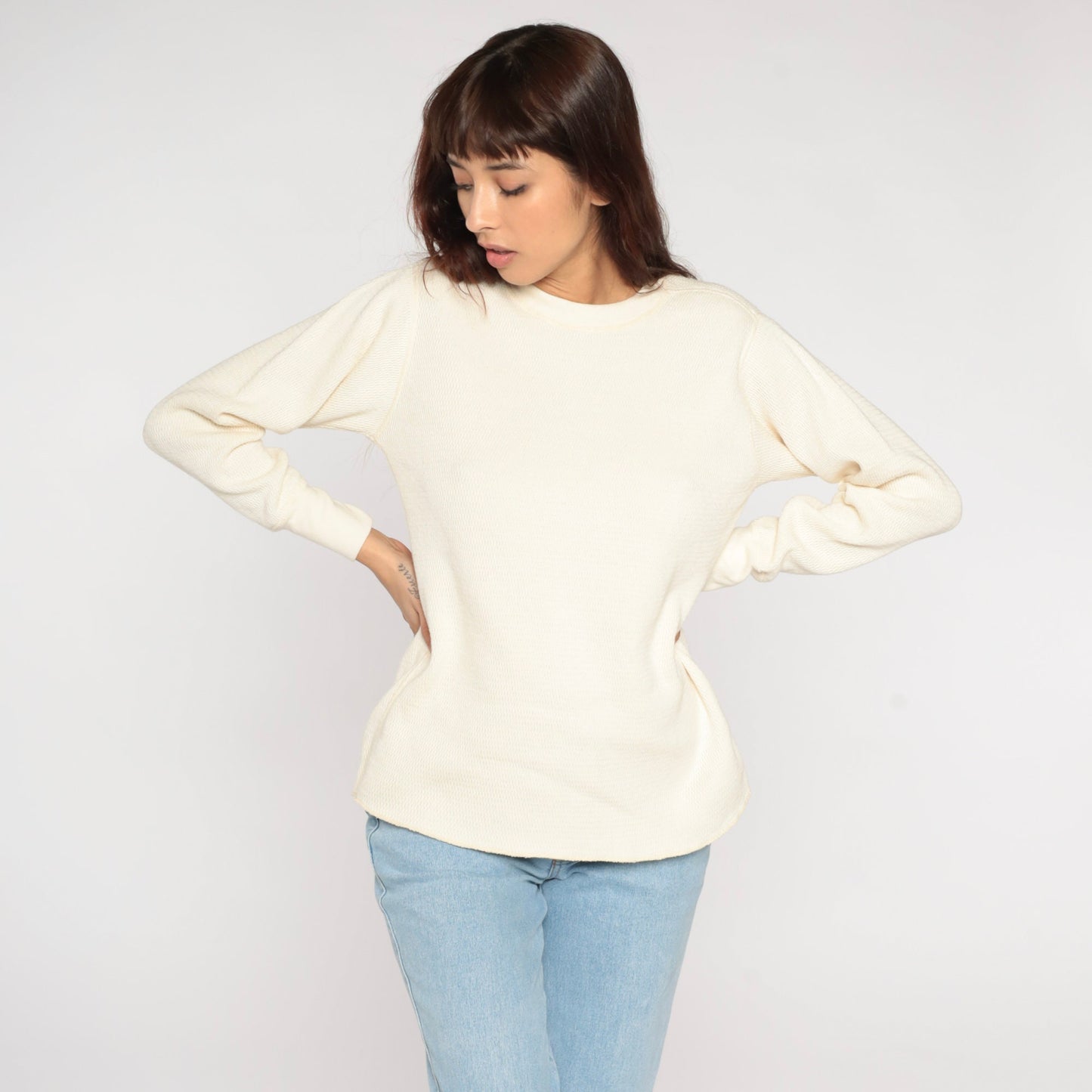 80s Off-White Thermal Waffle Knit Long Sleeve Shirt Cotton Large