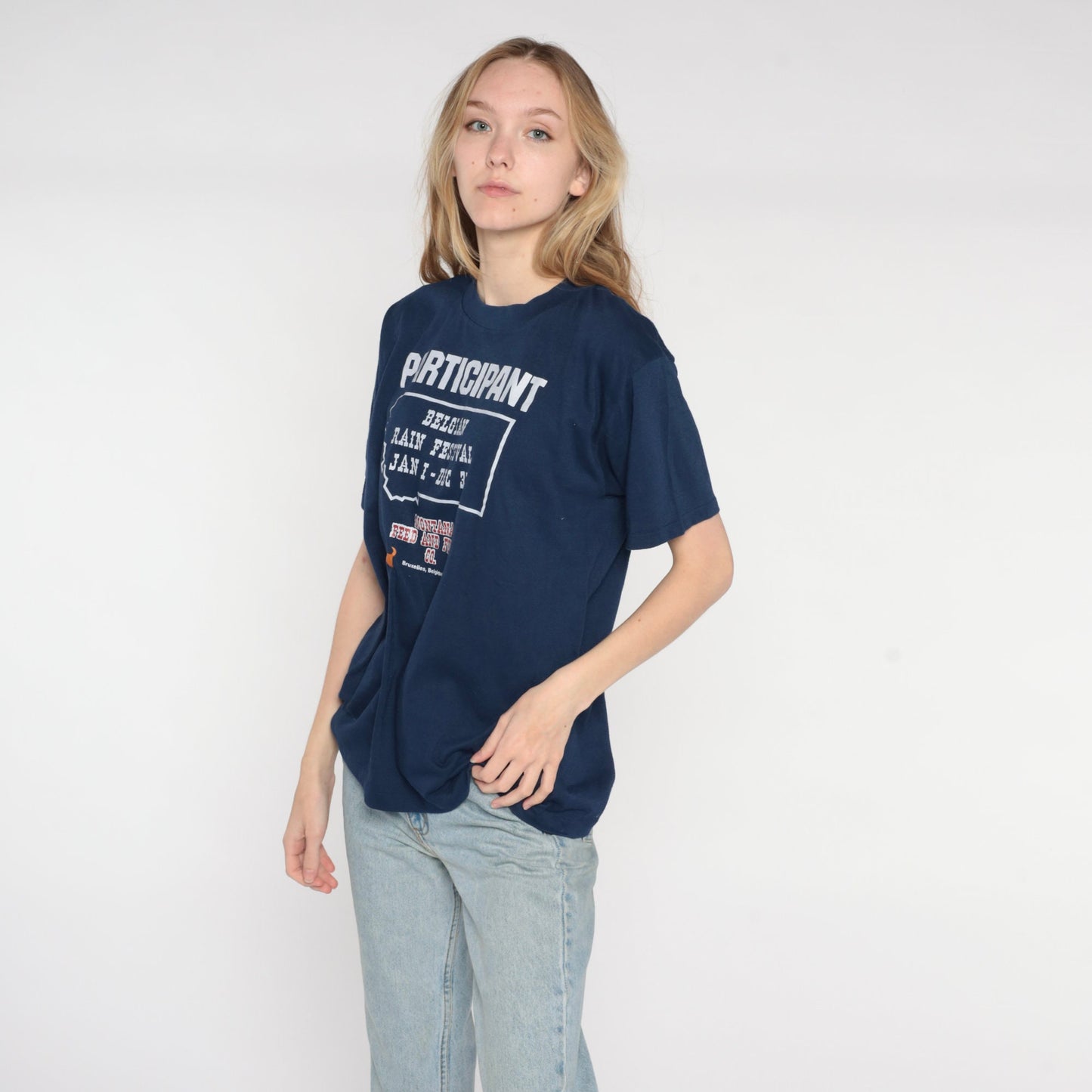 80s Belgian Rain Festival Participant Graphic Tee Navy Single Stitch Large